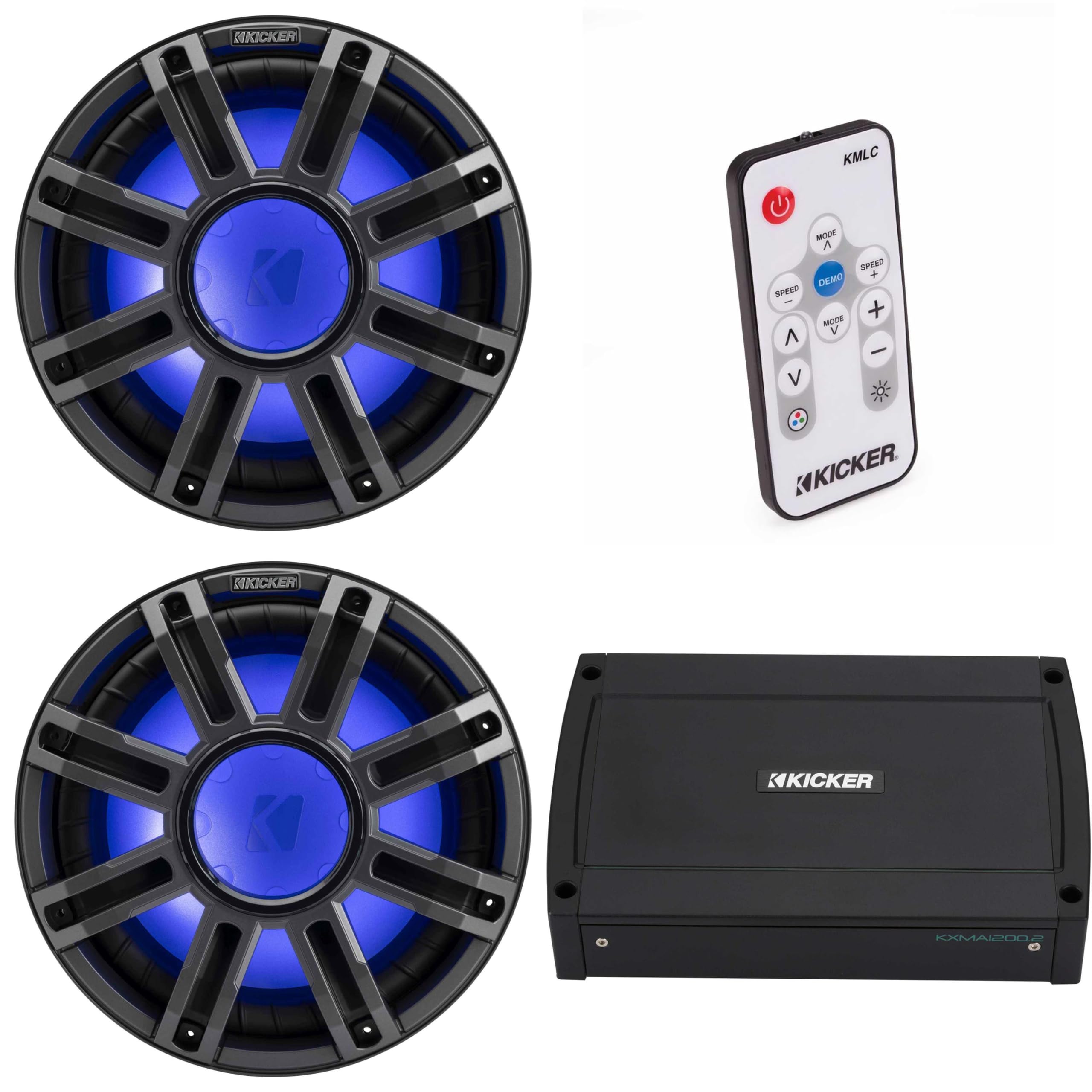 Kicker (2) 51MWF124 - MWF 12-Inch Premium Marine Subwoofer (Free-air) 4-ohm & 48KXMA12002 Marine Amp Bundle (Includes LED Remote)