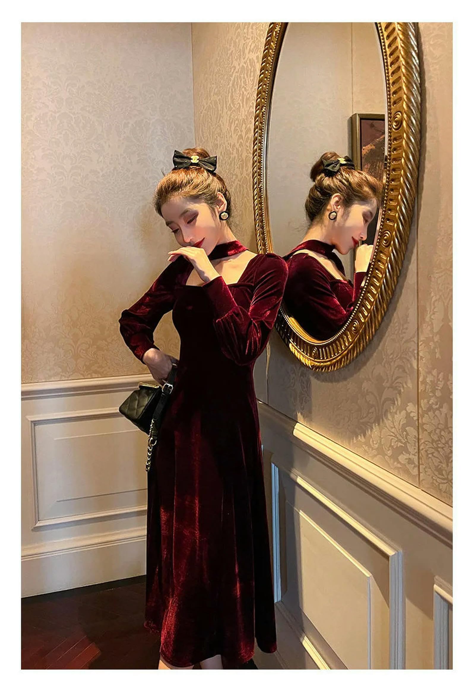 Vestito Donna Donne Vestito in Velluto Dorato Abito Inverno Autunnale-Rosso-XXL