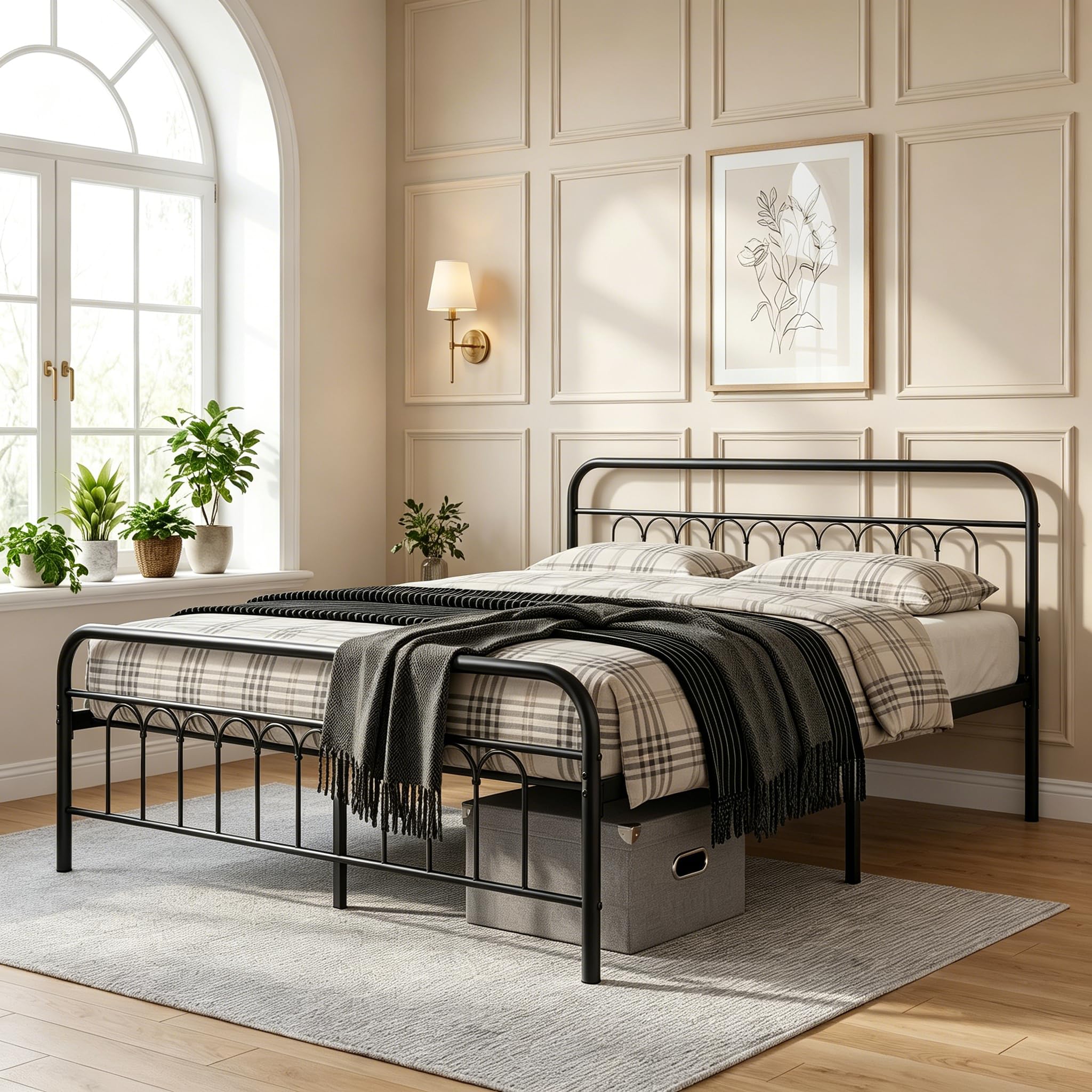 Panana Strong Metal Bed Frame,4FT6 Double Size Heavy Duty Solid Double Bedstead Base with Headboard & Footboard,Easy Assembly Bed Frame for Adults, Guest Room (ModelC -Black, 4ft6 double)