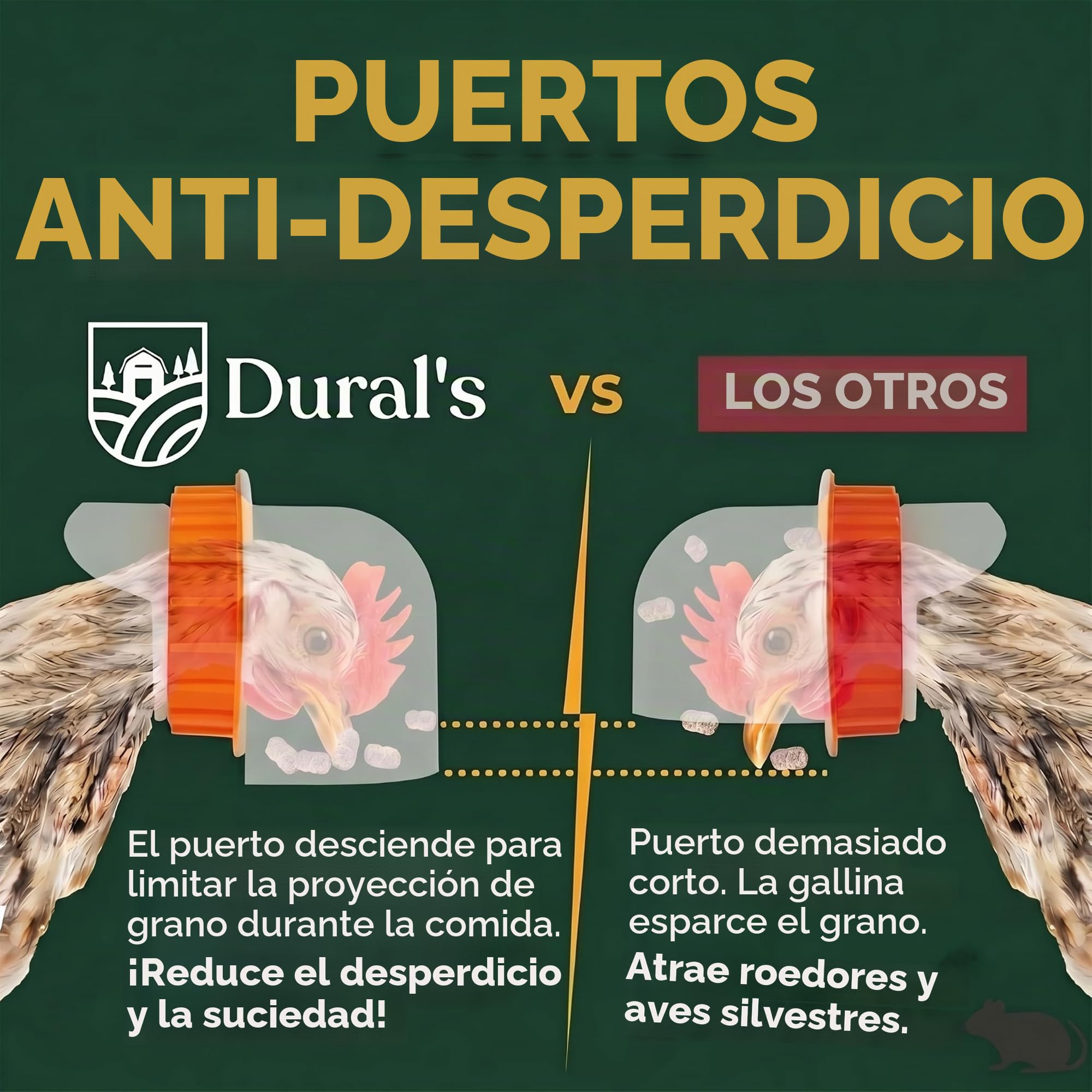 Dural's® Comedero Gallinas Anti Ratas Antipájaros 18 kg – Dispensador Automático de Pienso en Acero Galvanizado, 6 Puertos y Ventana de Nivel – Comedero para Gallinas Exterior Gallinero