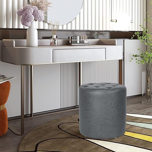 Miniatura 2 de Joveco Reposapiés redondo otomano, taburete tapizado para sala de estar, dormitorio, oficina en casa (gris oscuro)