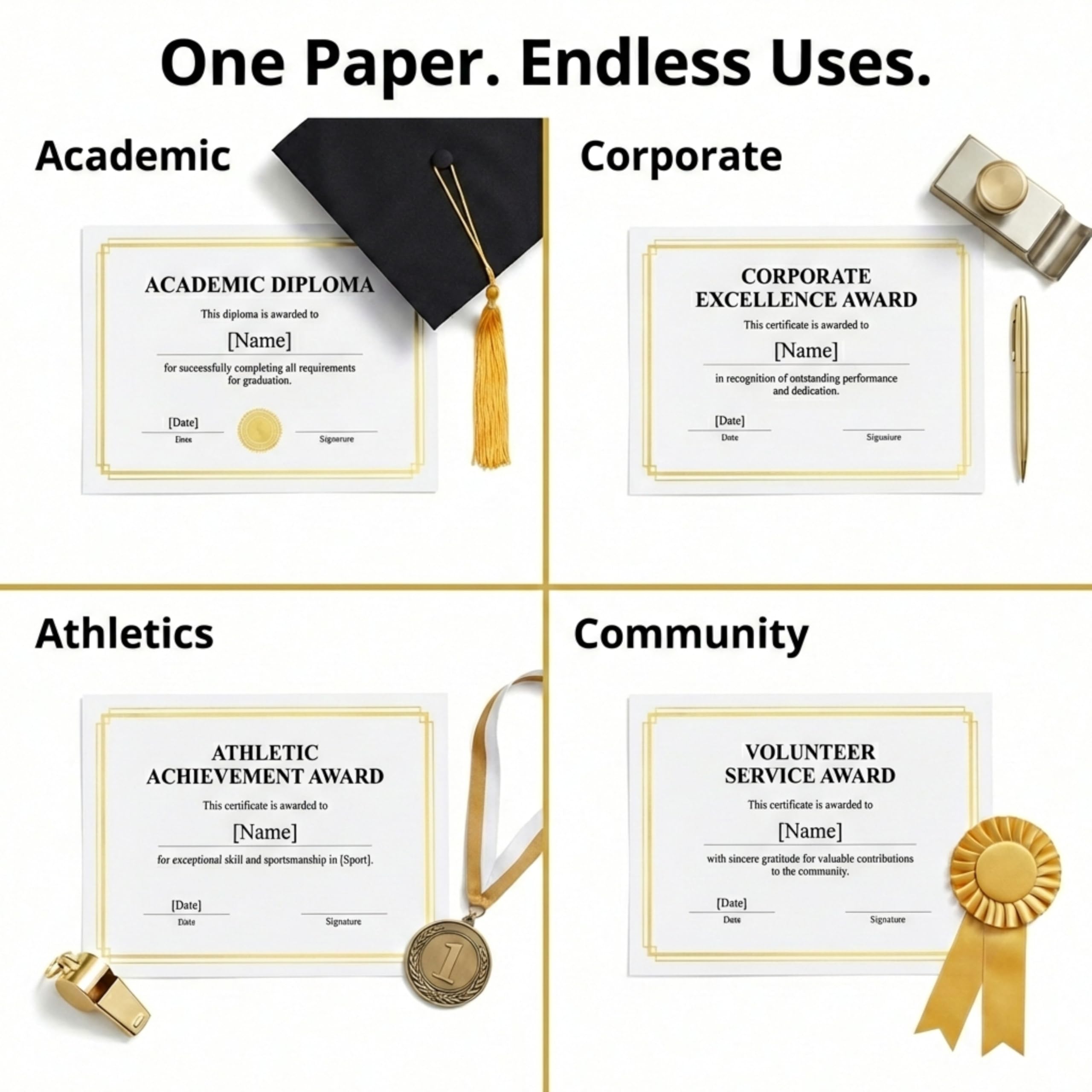 White Specialty Certificates, 50 unidades en blanco, borde de lámina dorada en hojas de papel de 38 libras, 8.5 x 11 pulgadas, compatible con láser y inyección de tinta