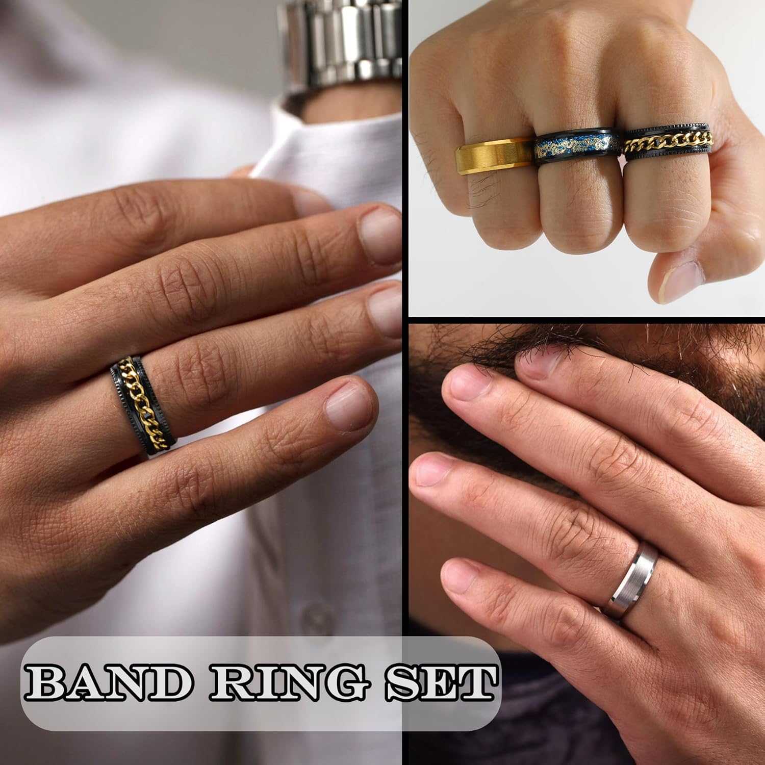 16Pcs Stainless Steel Band Rings for Men Women Stress Anxiety Relief Fidget Rings Black Cool Chain Spinner Rings Set for Wedding Promise Mens Rings Pack - Image 4