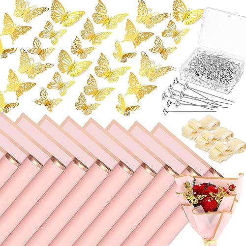 Seajan 60 hojas de papel de regalo de flores impermeables con 3 cintas, 100 pines de diamante, 36 mariposas doradas 3D para bodas, fiestas, día de