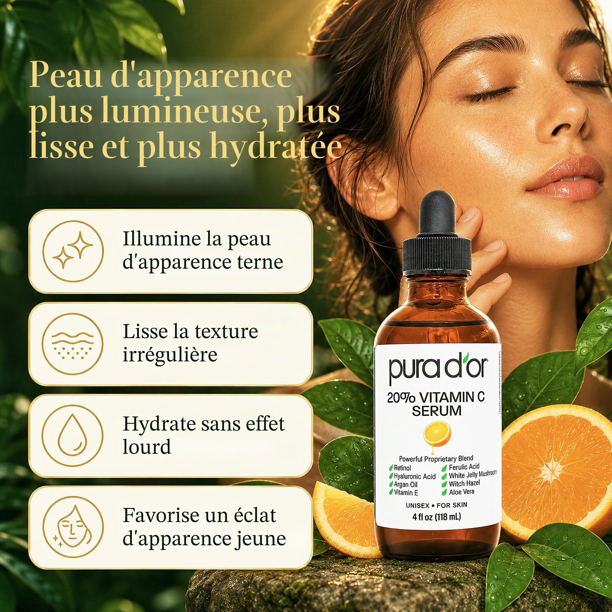 Pura D'Or 20% de vitamine c sérum (118 ml) avec l'acide hyaluronique, acide férulique, la vitamine e, super antioxydants, huile d'argan et aloe vera - force professionnelle
