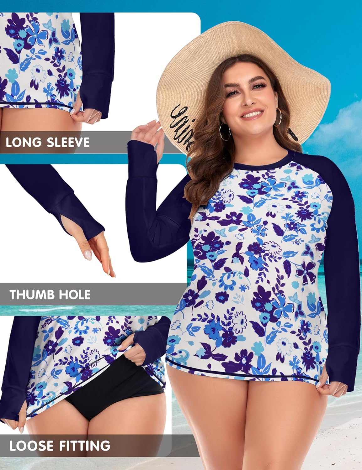 FOREYOND Plus Size Rash Guard Shirts for Women Long Sleeves UPF 50+ Sun Protection Loose Fit Swimming Tops Swimwear - Image 4