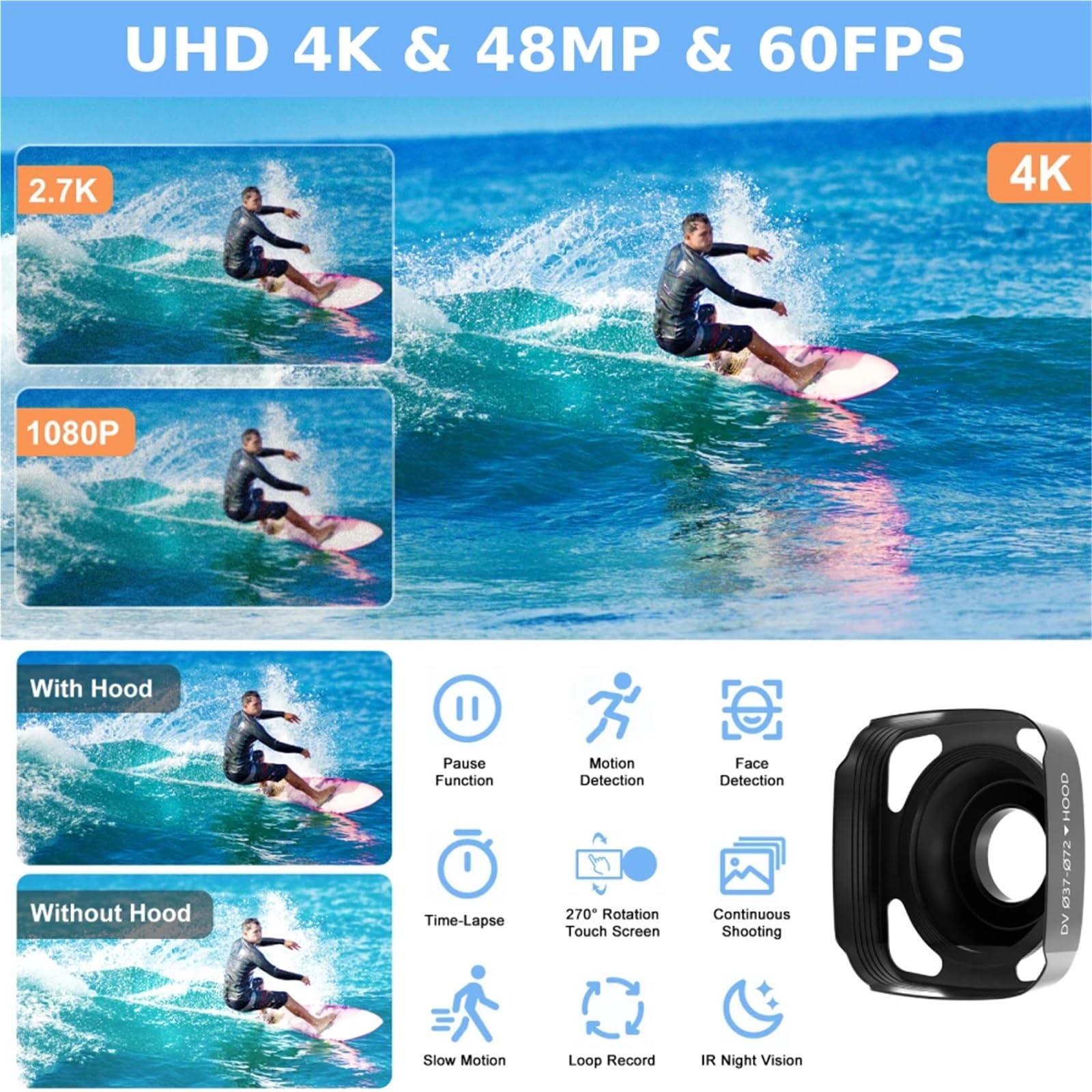Videocamera, Videocamera 4K 48MP UHD WiFi IR Visione notturna Vlogging Camera for YouTube Zoom digitale 16X Touch Screen