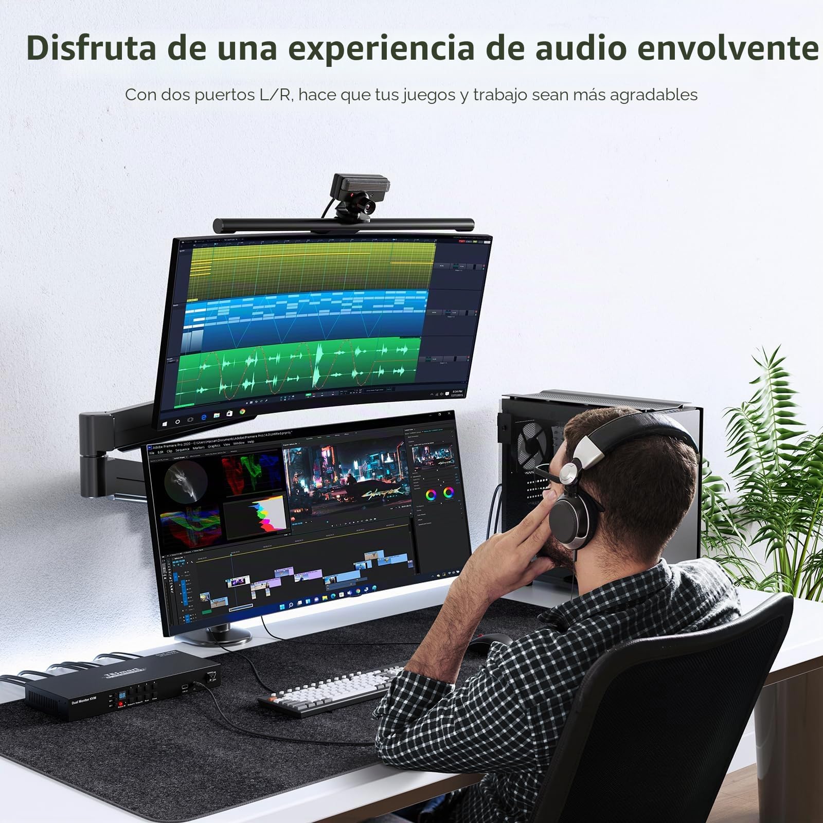 TESmart DisplayPort KVM Switch 4 Computadora 2 Monitor, 4x2 Conmutador KVM 4K@60Hz 4:4:4,DCCI Cuatro Pantallas,EDID,Control Remoto/Botones Panel/Teclado/Ratón/RS232,USB 2.0,Audio L/R,8 DP 1.4 Cables