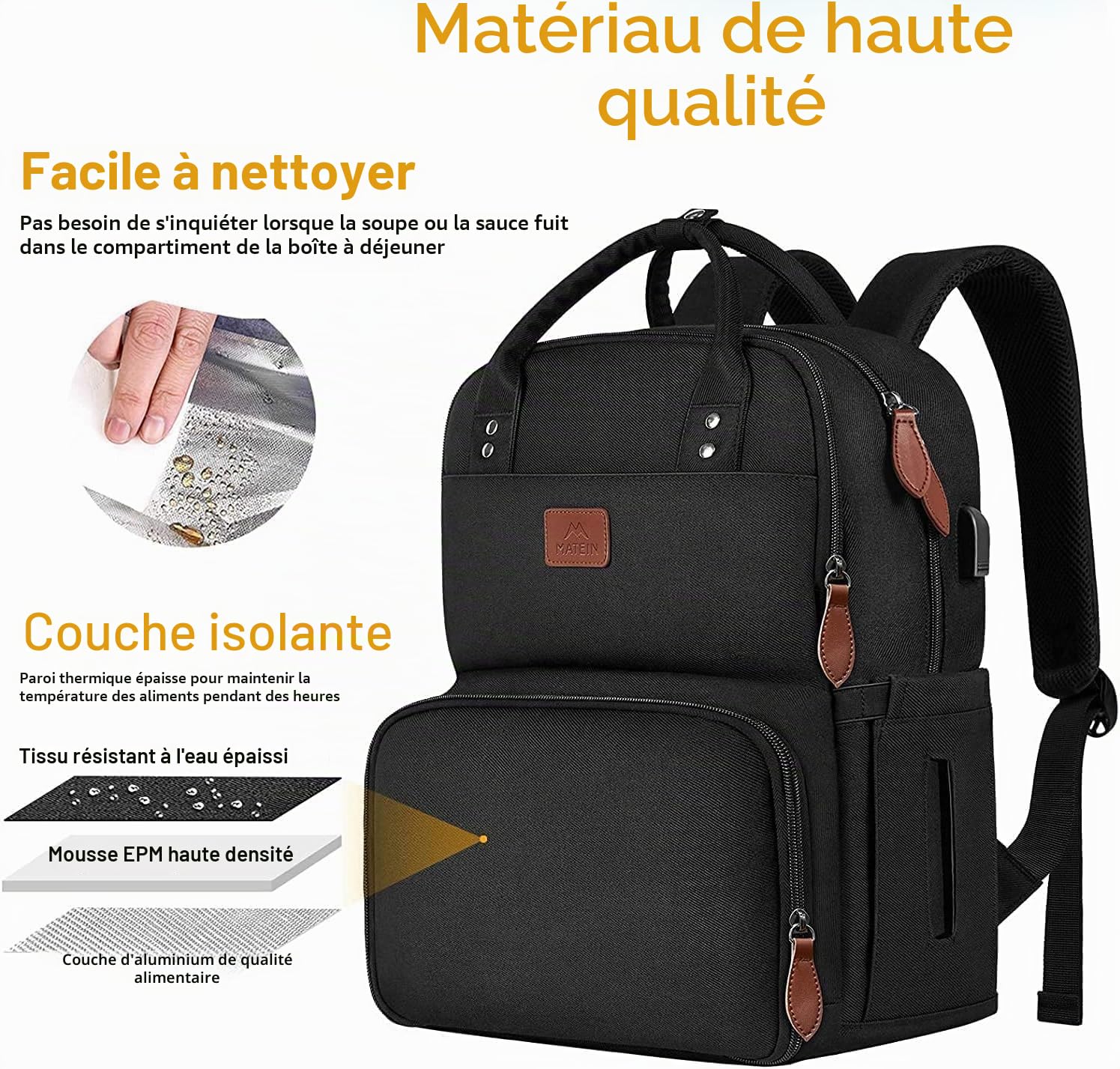 MATEIN Sac à Dos Déjeuner Isotherme, Sac à Dos Ordinateur 15,6 Pouces pour Homme Femme, avec Imperméable Sac Isotherme Repas Voyage pour Collège Affaire Scolaire, Noir