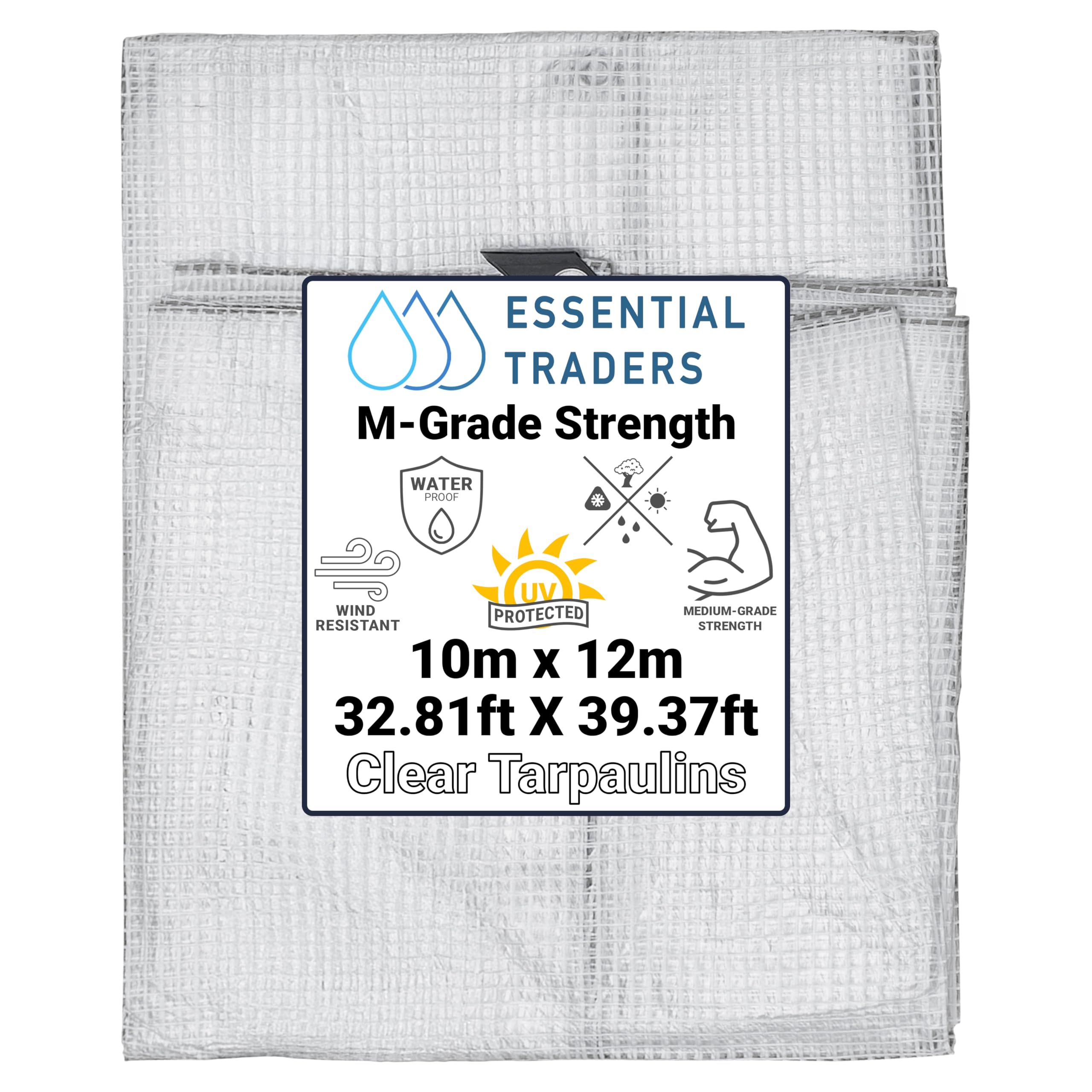 Clear Monotex Heavy Duty Tarpaulin, 100gsm Waterproof Ground Cover Multipurpose Furniture, Caravan, Vehicle, Tool, Camping & Shed Mono Sheet, Medium Weight Reinforced Cotton Mesh (10m x 12m)