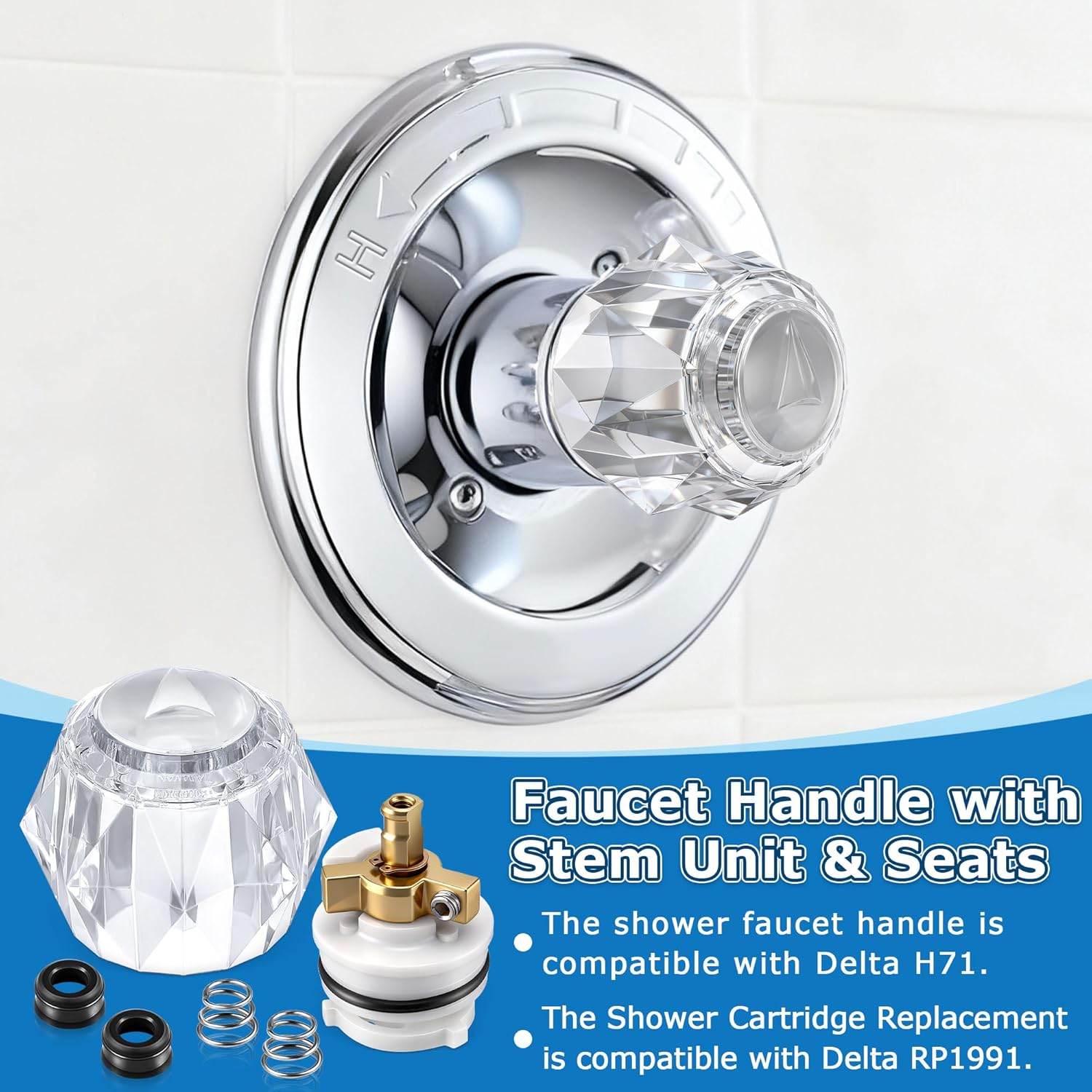 Faucet Handle with Stem Unit & Seats, Compatible with Delta H71 and RP1991, Compatible with Delta 1600 Series Faucets, Shower Knob and Cartridge Replacement Kit