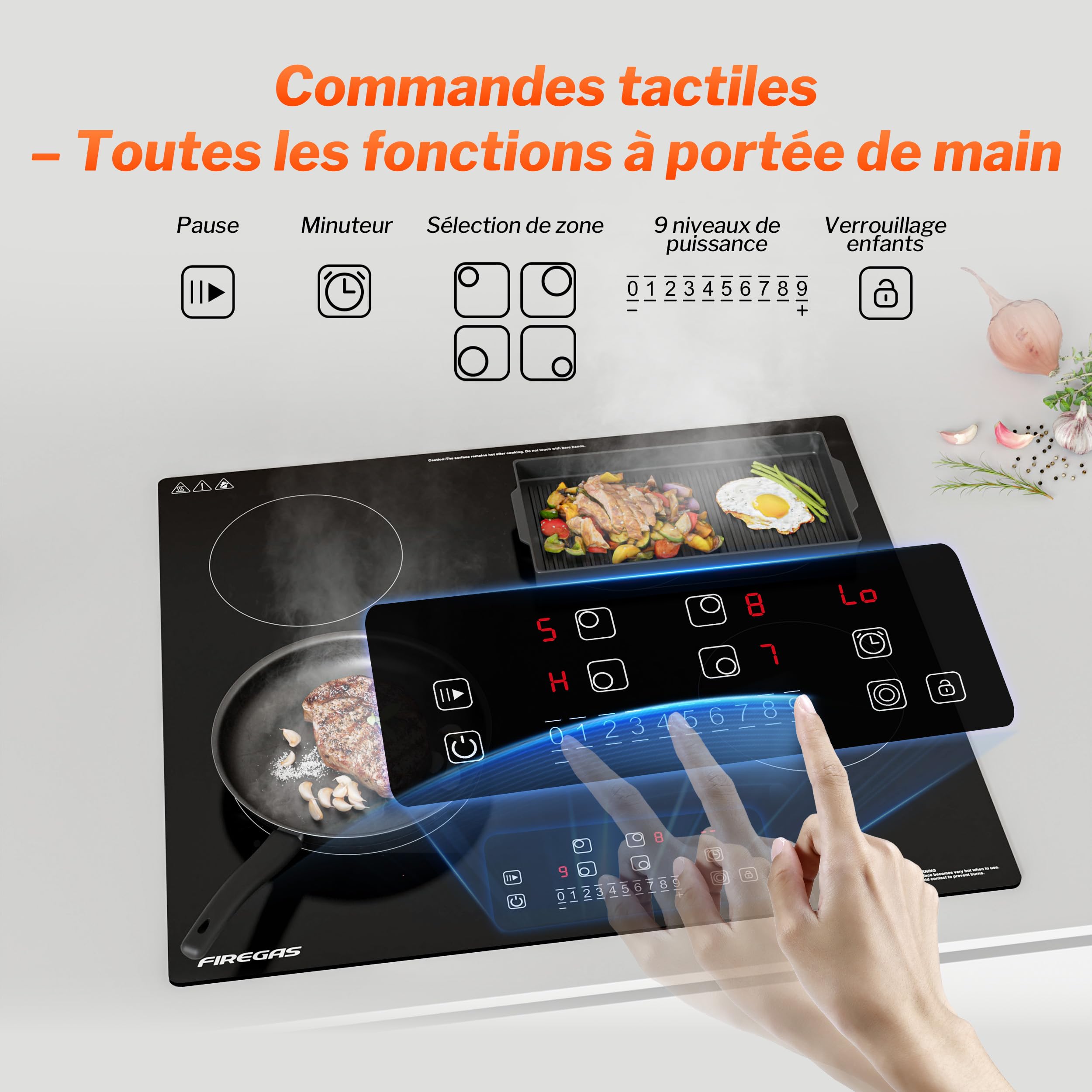 FIREGAS Plaque de Cuisson Électrique Vitrocéramique 4 Feux Encastrable 7200W Zones Duales Ovales Contrôle Tactile Minuteur