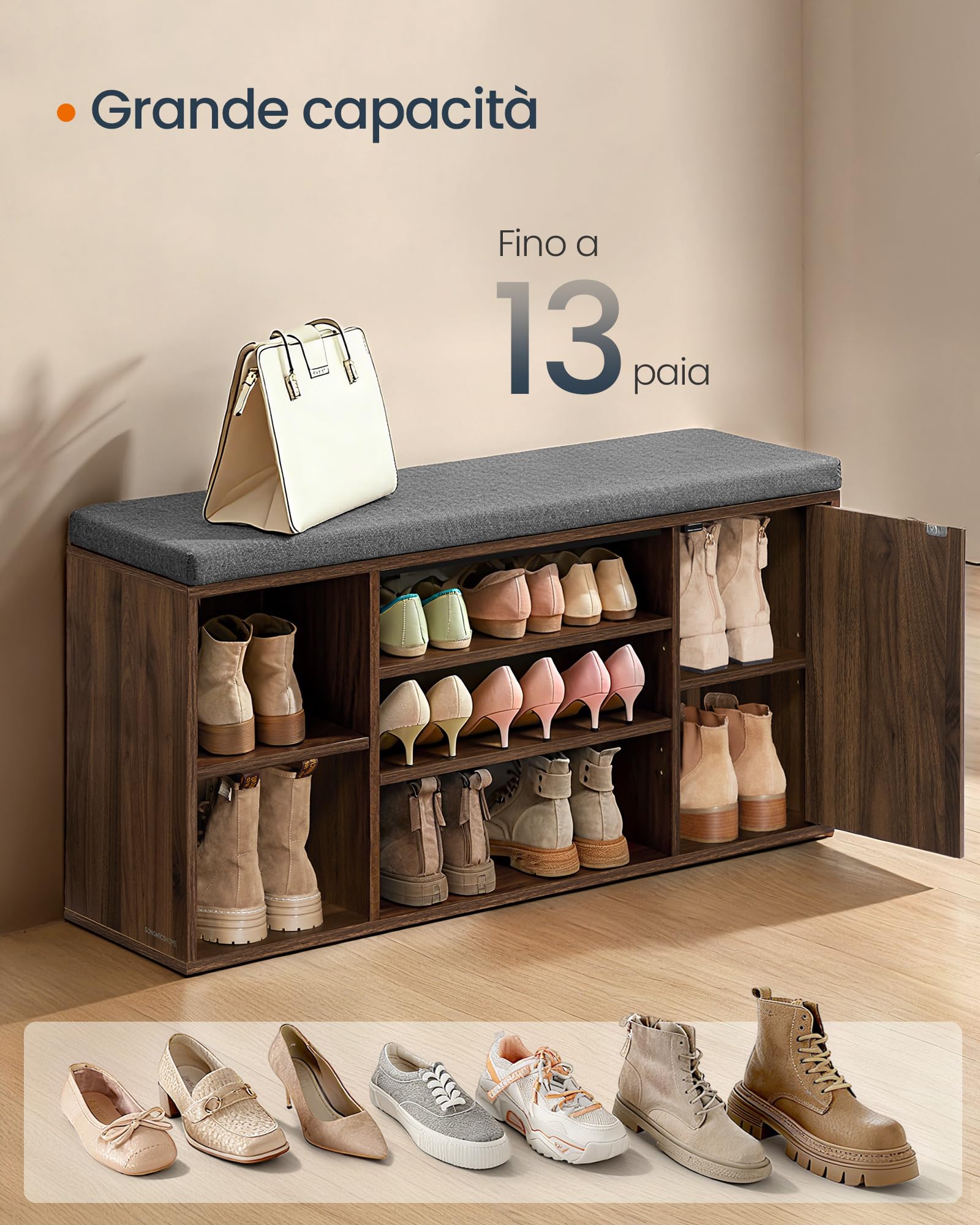 SONGMICS HOME Panca Scarpiera, Montaggio Rapido Senza Attrezzi Toolless, Panchina con Scomparti Aperti, Ripiani Regolabili, Portascarpe, Bianco Neve e Grigio Ardesia LHS391WE01