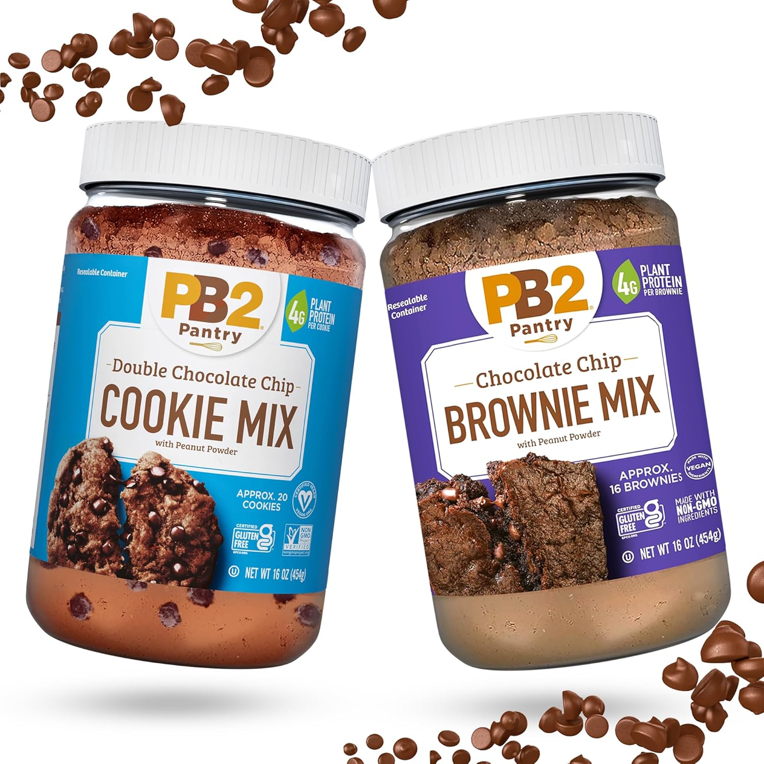 PB2 Pantry Bundle of Double Chocolate Chip Cookie & Chocolate Chip Brownie Mix | Certified Vegan, Gluten-Free, Non-GMO, 4g Plant Protein per Serving, 16oz Jars [Pack Of 2]