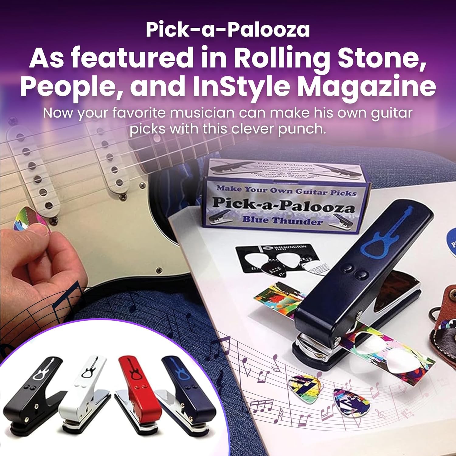 Pick-a-Palooza DIY Guitar Picks Punch Mega Pack - Custom Pick Maker for Musicians - Features Leather Key Chain Holder, Pick Strips with Artwork & File - Unique Gifts for Men & Women - Blue Punch