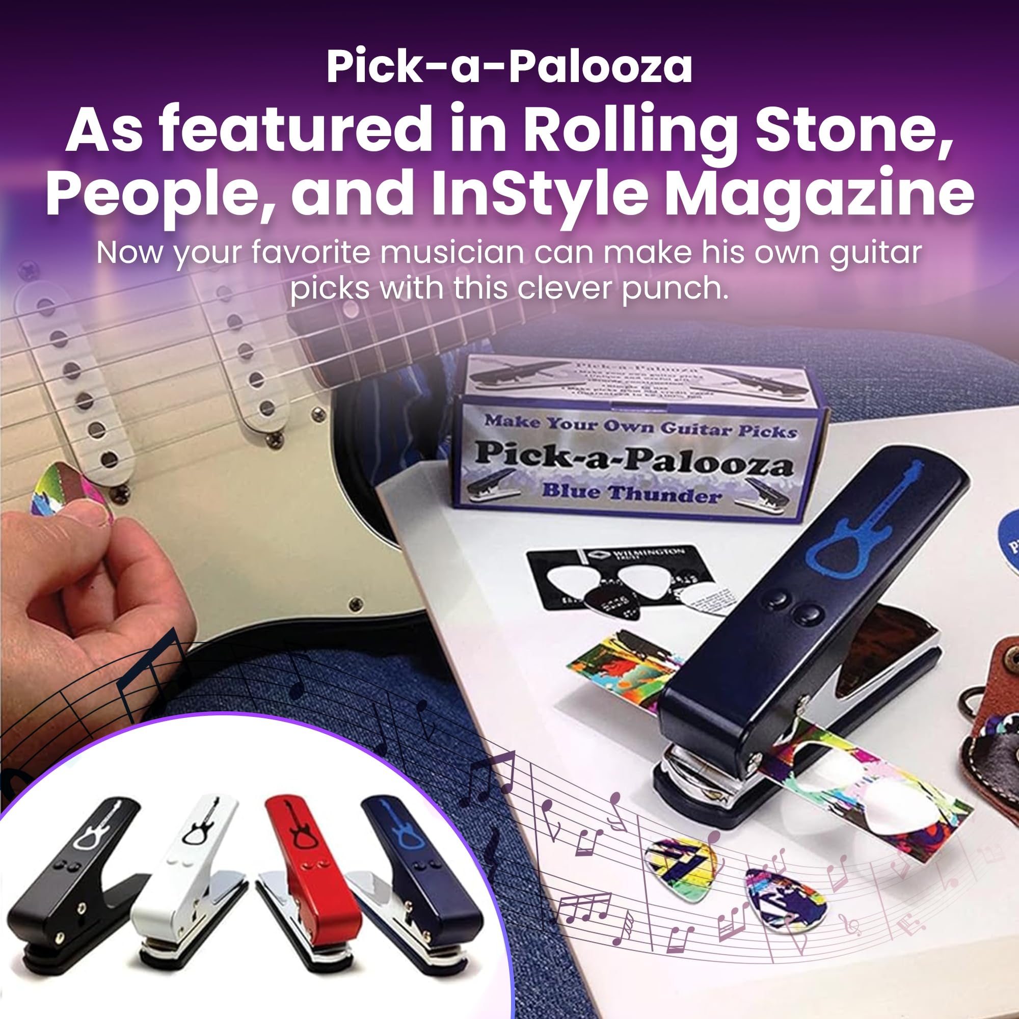 Púas de guitarra DIY Mega Pack de regalo – El fabricante de púas de guitarra premium – Incluye soporte de cuero para llavero, 15 tiras de púas y un archivo de púas, perforador azul,
