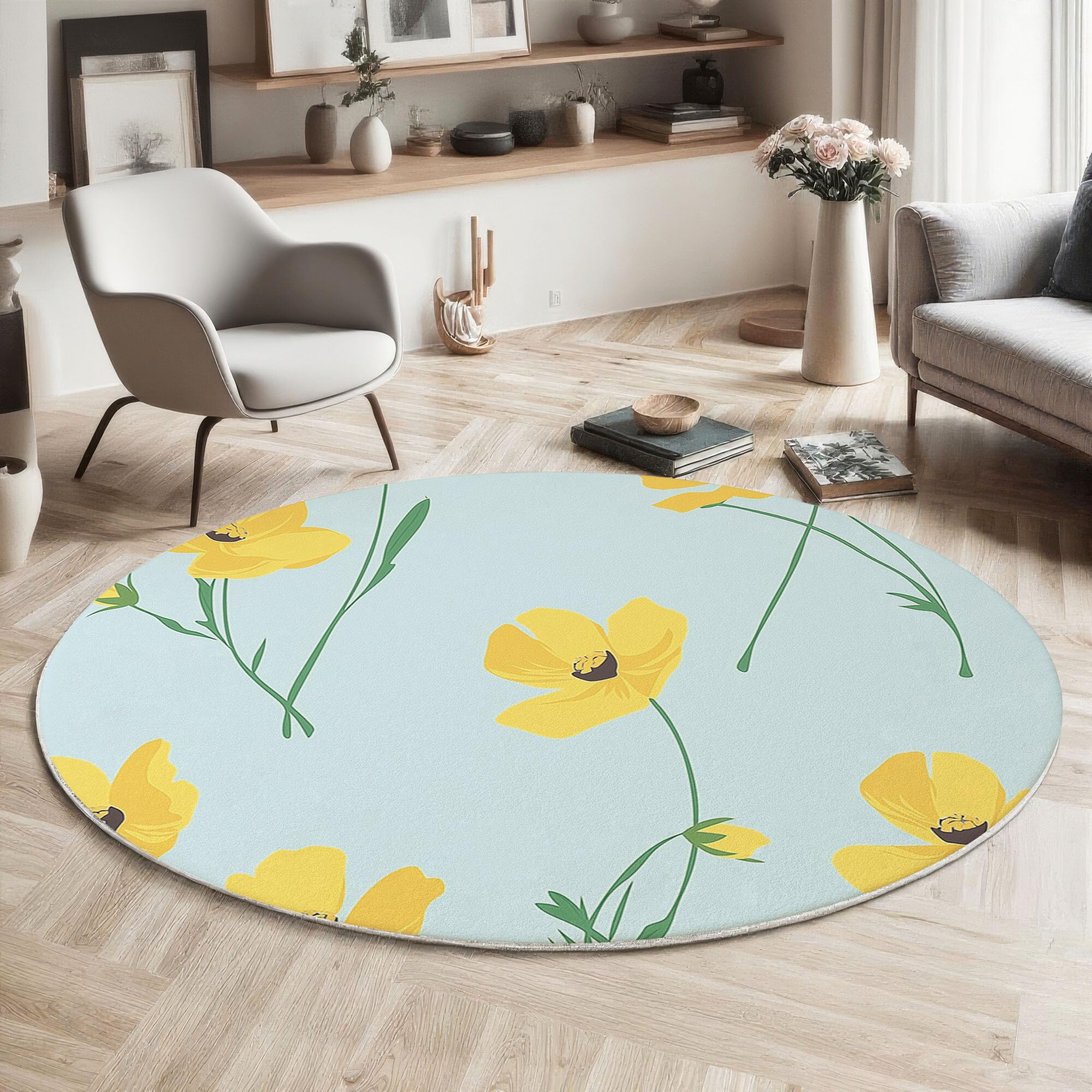 Tapis rond pour salon et cuisine imprimé vintage jaune bleu 160cm