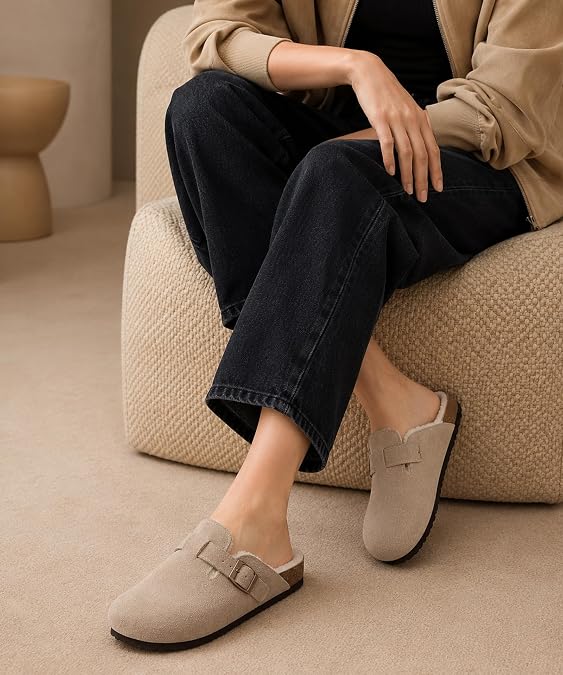 KIDMI Genuine Suede Winter Clogs for Women, Faux Fur Lined Cork Footbed