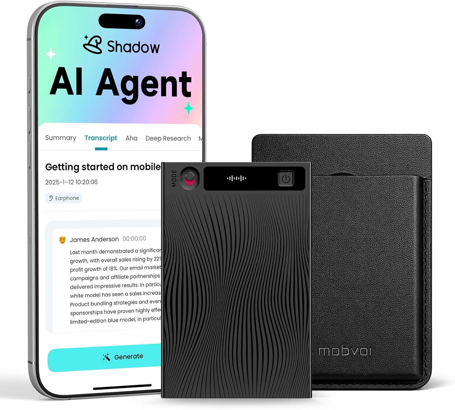 Mobvoi TicNote AI Voice Recorder: GPT-5 Transcription, Summaries & Mind Maps in 120+ Languages, 64GB Dual-Mode Note Taker