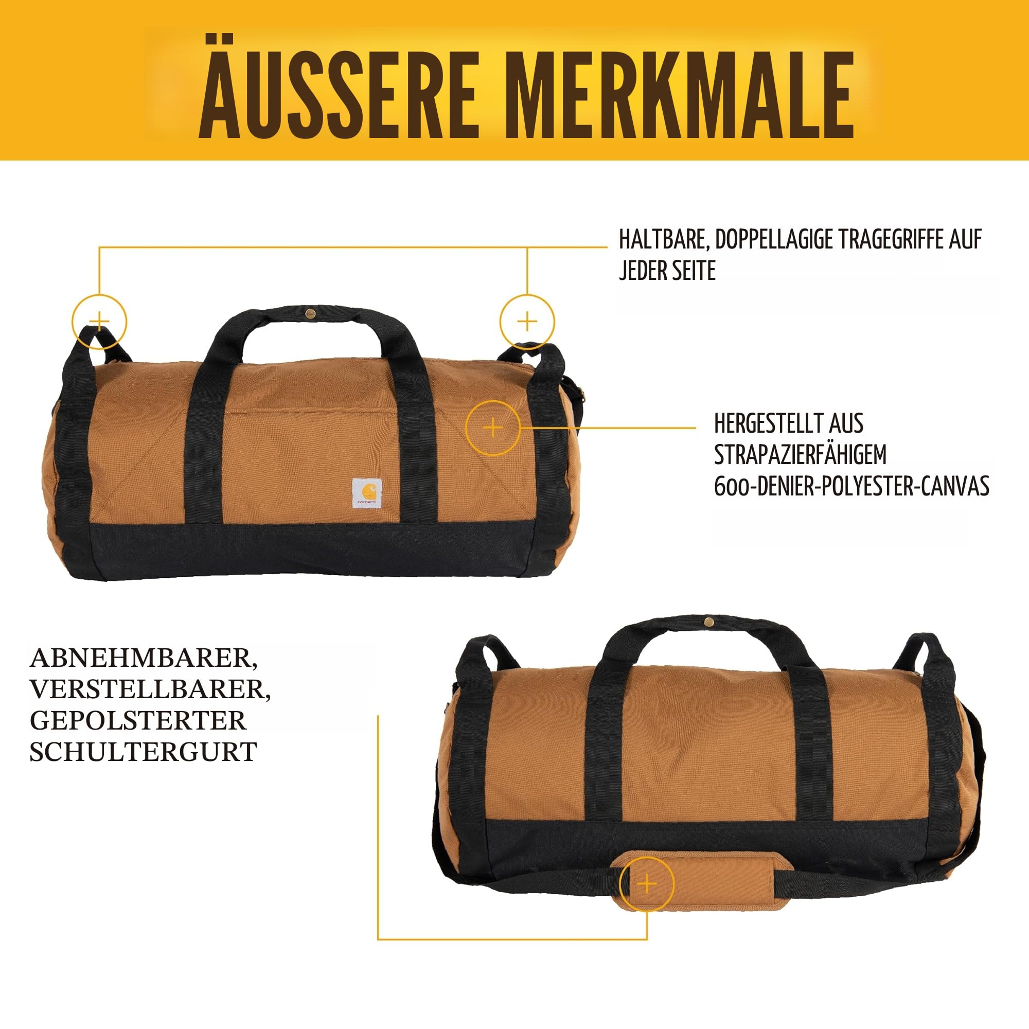 Carhartt Klassische runde Reisetasche mit Mehrzwecktasche, strapazierfähig, wasserabweisend, verstaubar, für Baustelle, Fitnessstudio und Reisen