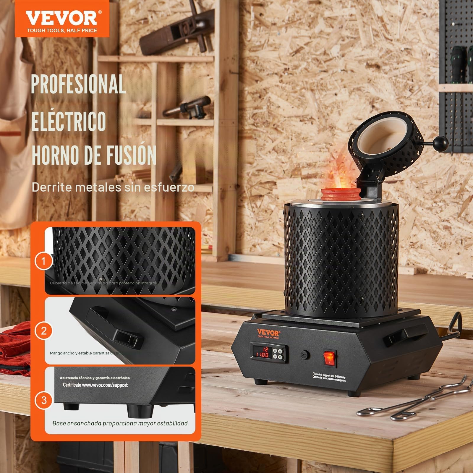 VEVOR Horno de fusión de oro, horno de fusión eléctrico digital de 1350 W, horno de fusión eléctrico de 1150 °C con crisoles de grafito de 1 kg y 3 kg para fundir oro, plata, cobre, aluminio, Negro