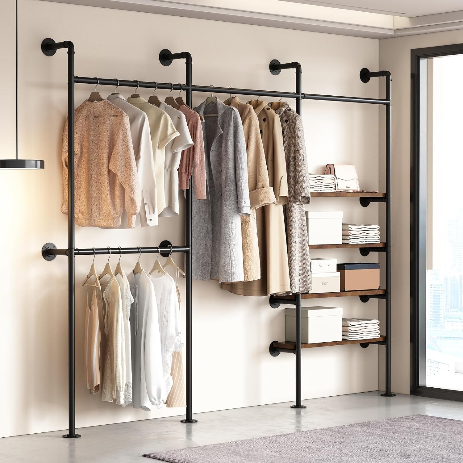 Industrial Pipe Clothing Rack, Wall Mounted Clothes Rack Gold Clothing Rack with Shelves Clothes Hanging Shelf-94.5''L Gold