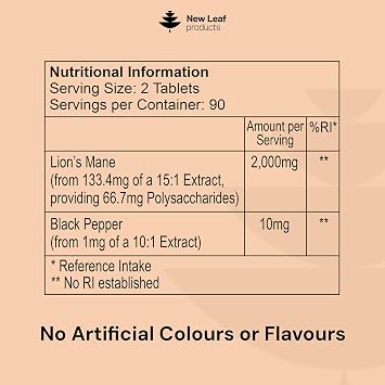 Lions Mane Mushroom 2000mg - 180 High Strength Vegan Tablets - Lion's Supplement with Black Pepper - Mushrooms Extract (Not Powder or Capsules) Made in The UK By New Leaf products