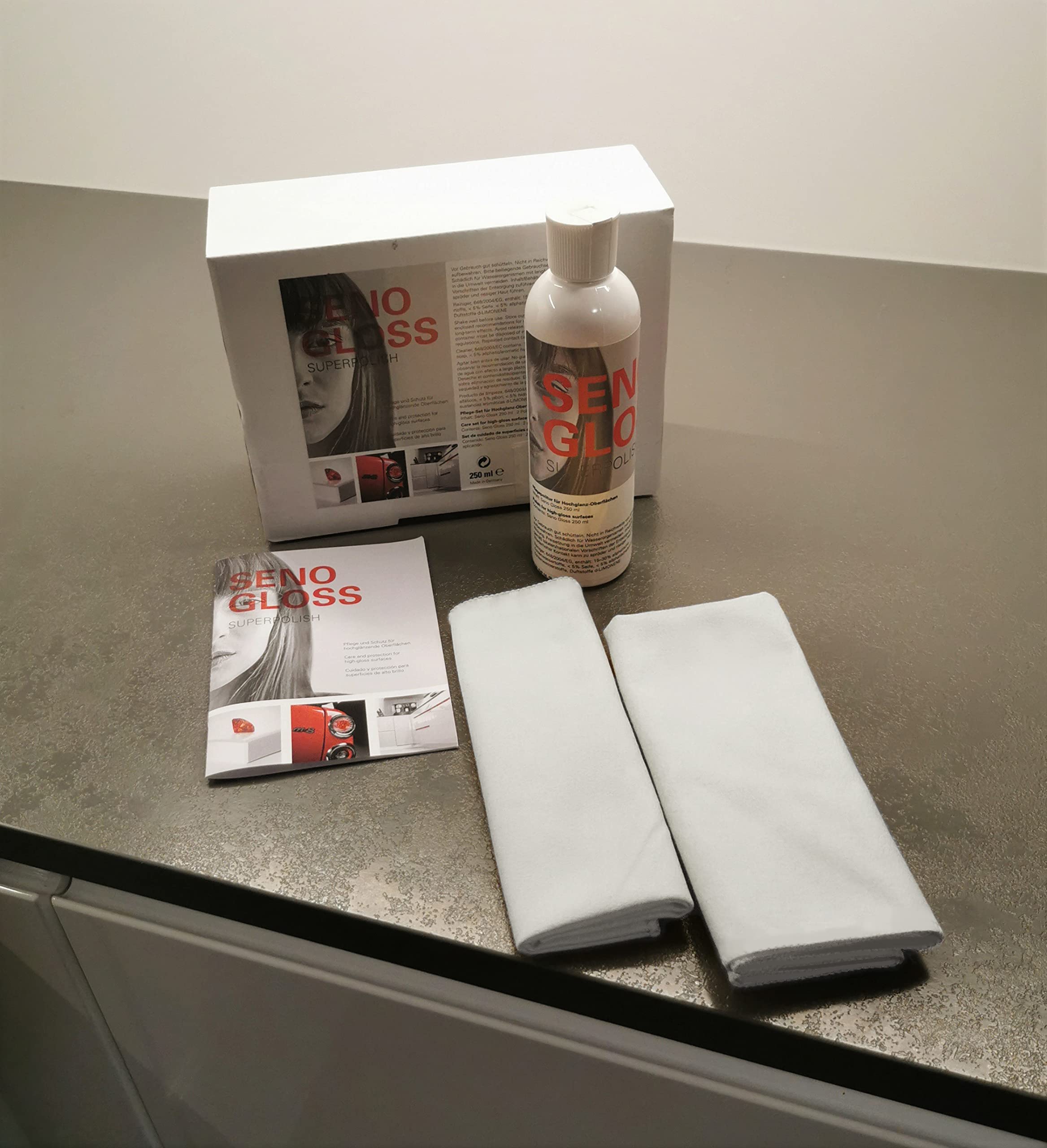 Pflege & Schutz Hochglanzmöbel Küchen Möbelpolitur 250 ml + 2x Poliertuch Set Hochglanzpflege