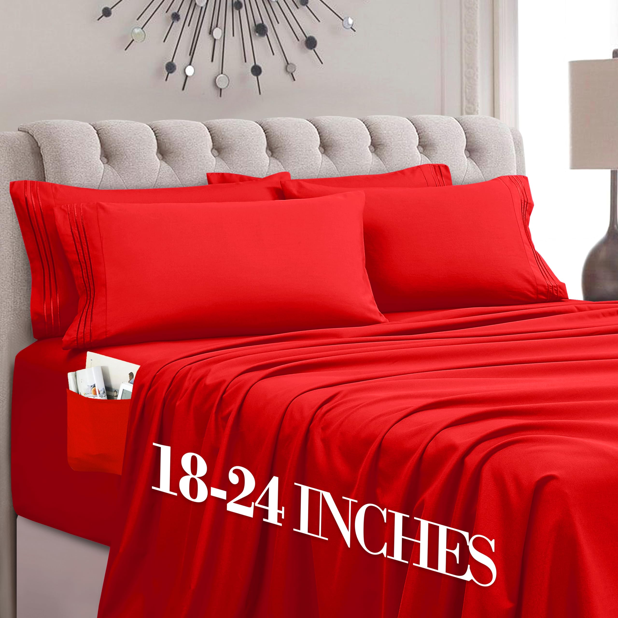 Mocassi Luxury 6-Piece Sheet Set, Ultra Soft 1800 Premium Hotel Quality Microfiber Sheet Set, Fits Mattresses Up to 18 to 24 Inches Extra Deep Pocket - Breathable and Secure Fit, Cal King, Red