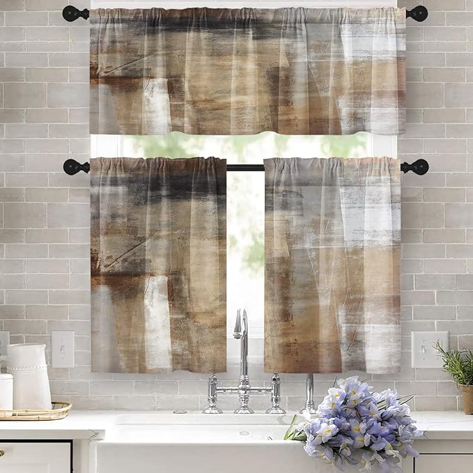 Tayney Teal Black Kitchen Window Curtains Set - 3 Piece Valance & Tier, 36 Inch, Abstract Geometric - View #9