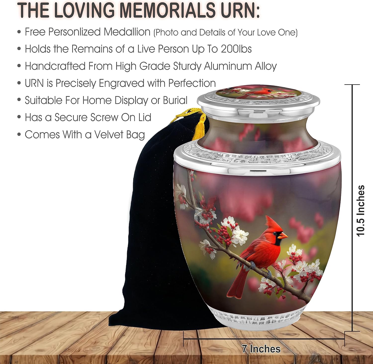 Personalized Medallion Elegant Cardinal Cremation Urns for Adults - 200lbs Burial Urns - Handcrafted Funeral Decorative Urns with Velvet Bag