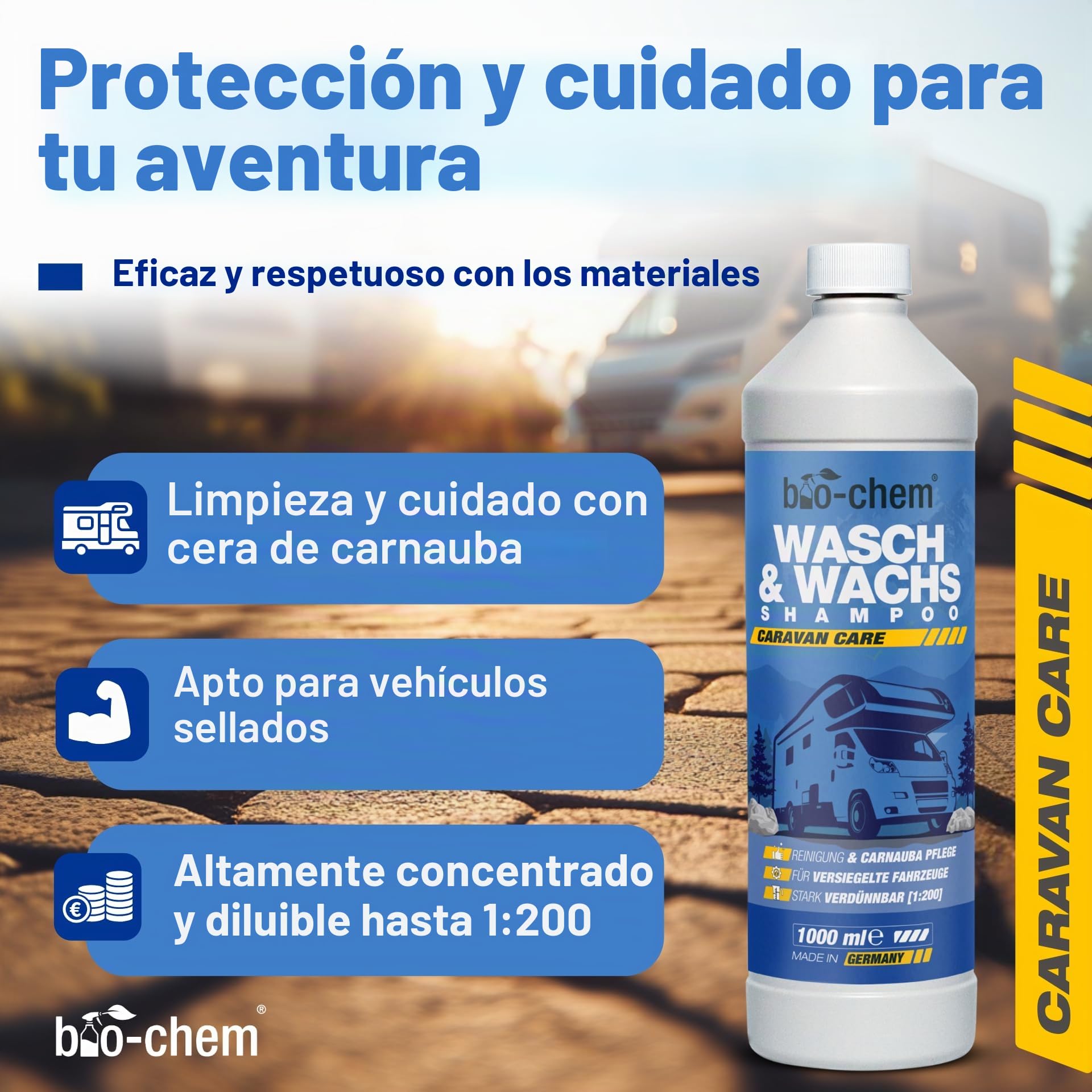 bio-chem Champú y cera para vehículos 1L + Pulverizador de espuma | Limpiador regenerador para plásticos con cera de carnauba, adecuado para la limpieza exterior de la carrocería de caravanas