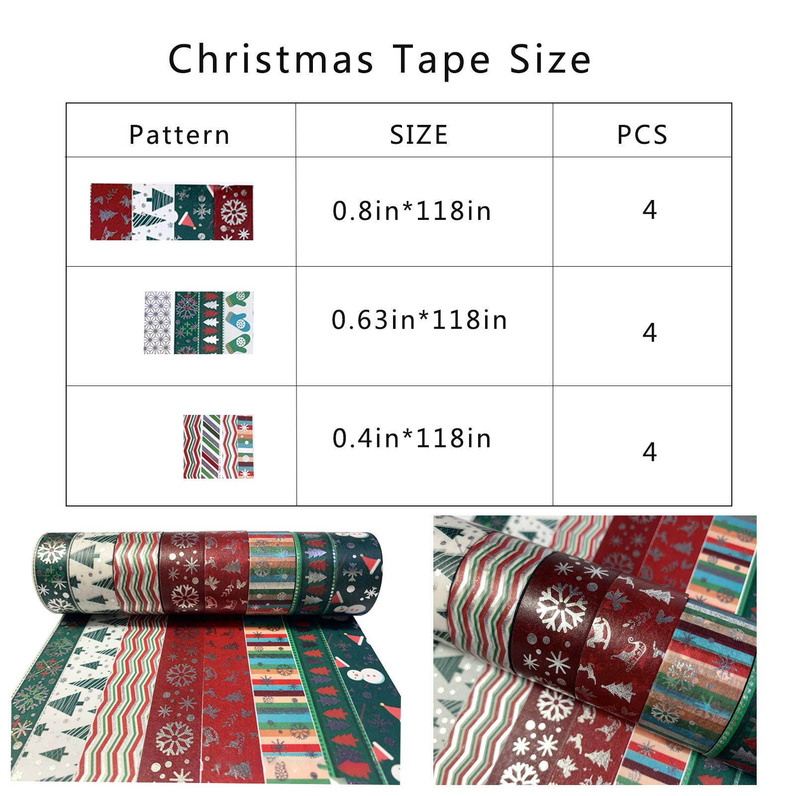 Christmas Holiday Washi Tape Set Xmas Winter Foil Washi Masking Tape Bullet Journal Kids Chirstmas Craft Supplies with Snowflake Tree Deer Striped, Perfect for Christmas Card Gift Wrapping 12 Rolls