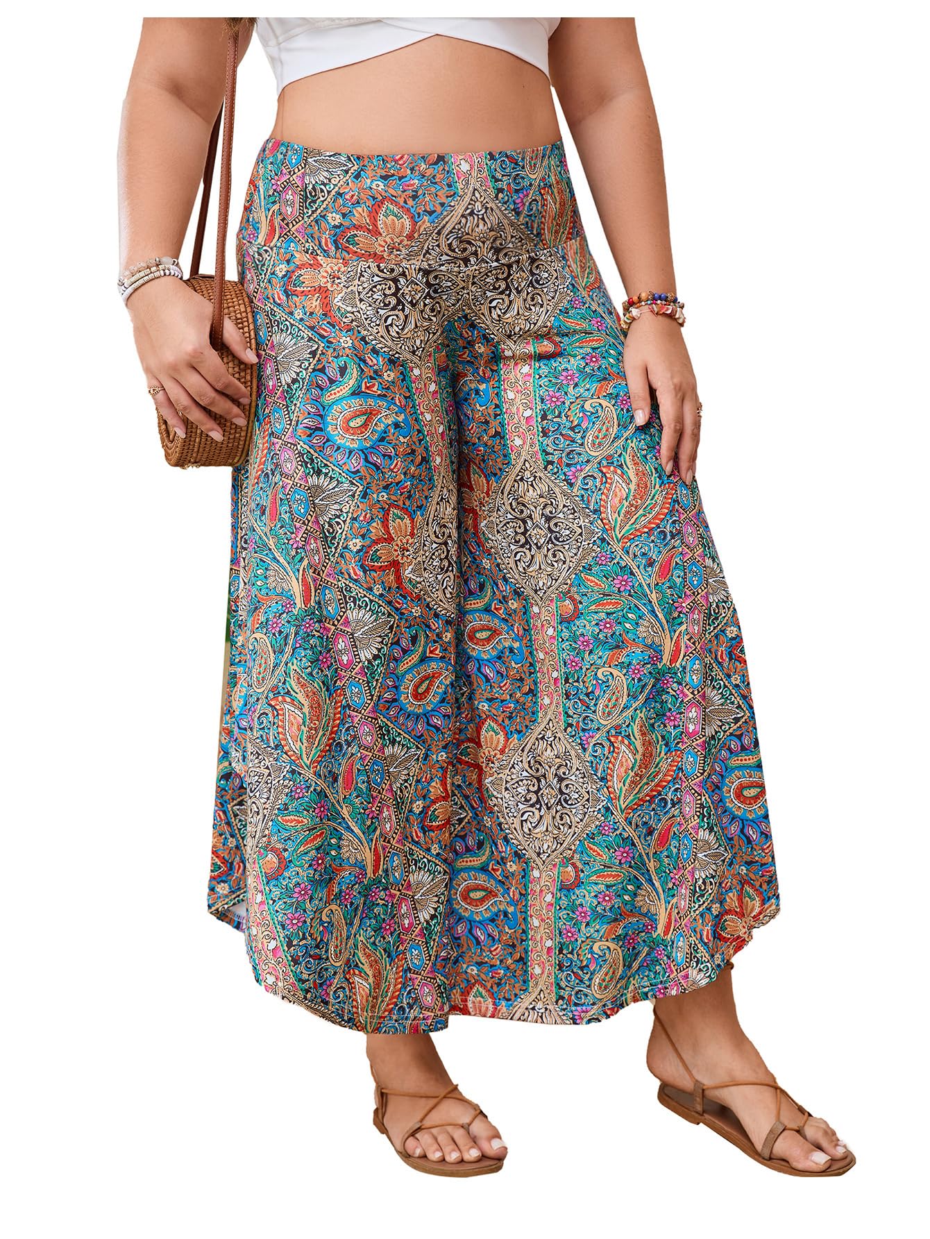 Womens Plus Size Tribal Palazzo Pants Boho High Waist Asymmetrical Baggy Vacation Trousers