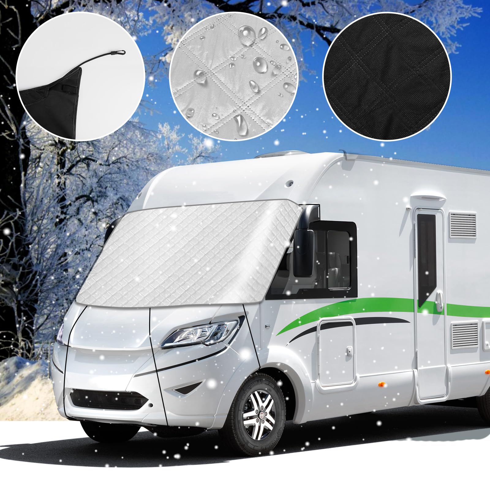 Funda para Parabrisas de Coche para Autocaravanas integradas, Funda Envoltura de Parabrisas de Lujo 600D para Clase A, Impermeable, Nieve, Hielo, Escarcha, Polvo, Sol (Plata)