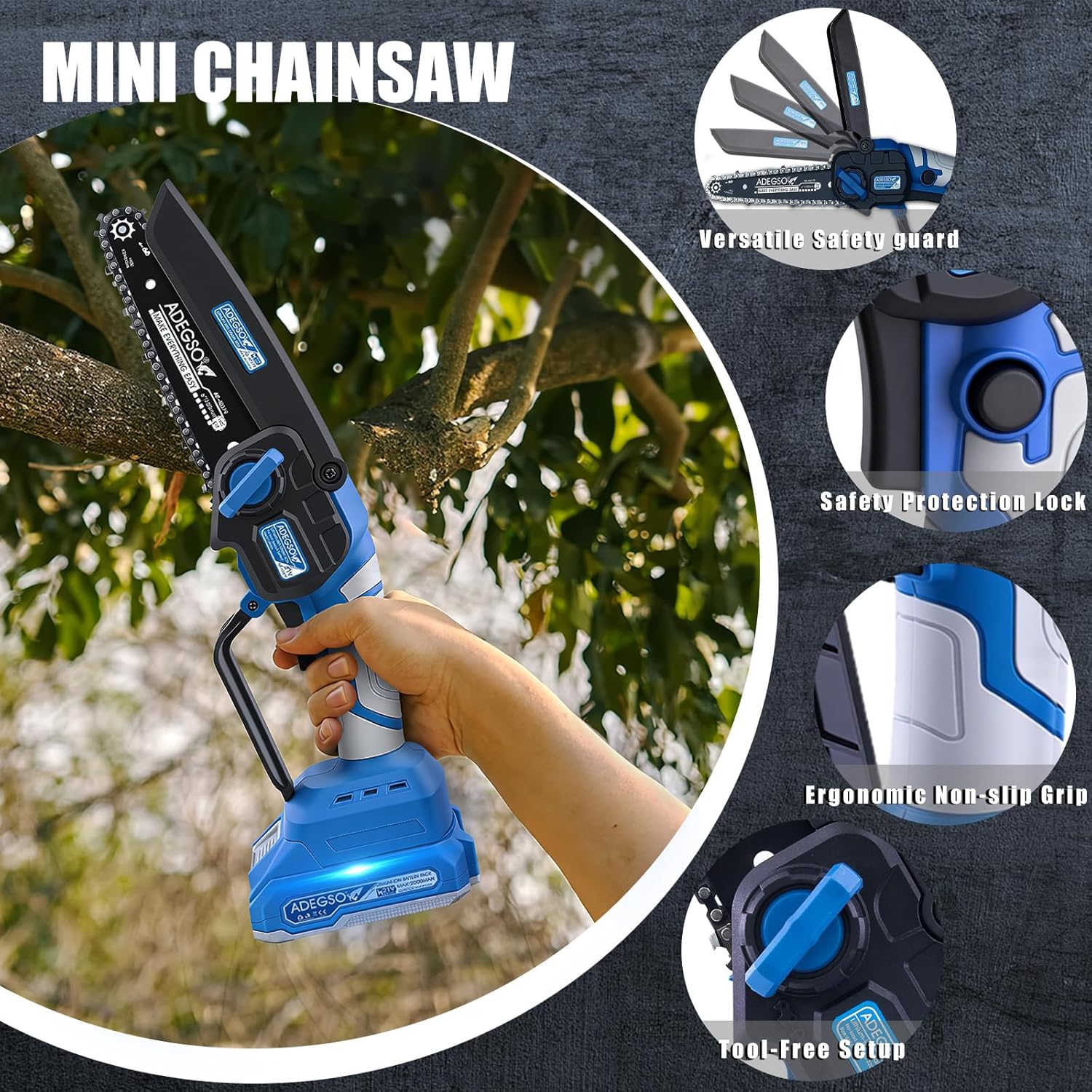 ADEGSO Mini Chainsaw Cordless, 6 Inch Portable Electric Chainsaw with Security Lock/Battery Power, Handheld Small Chain Saw for Wood Cutting, Tree Trimming, Yard Work, Great Gift for Men Women
