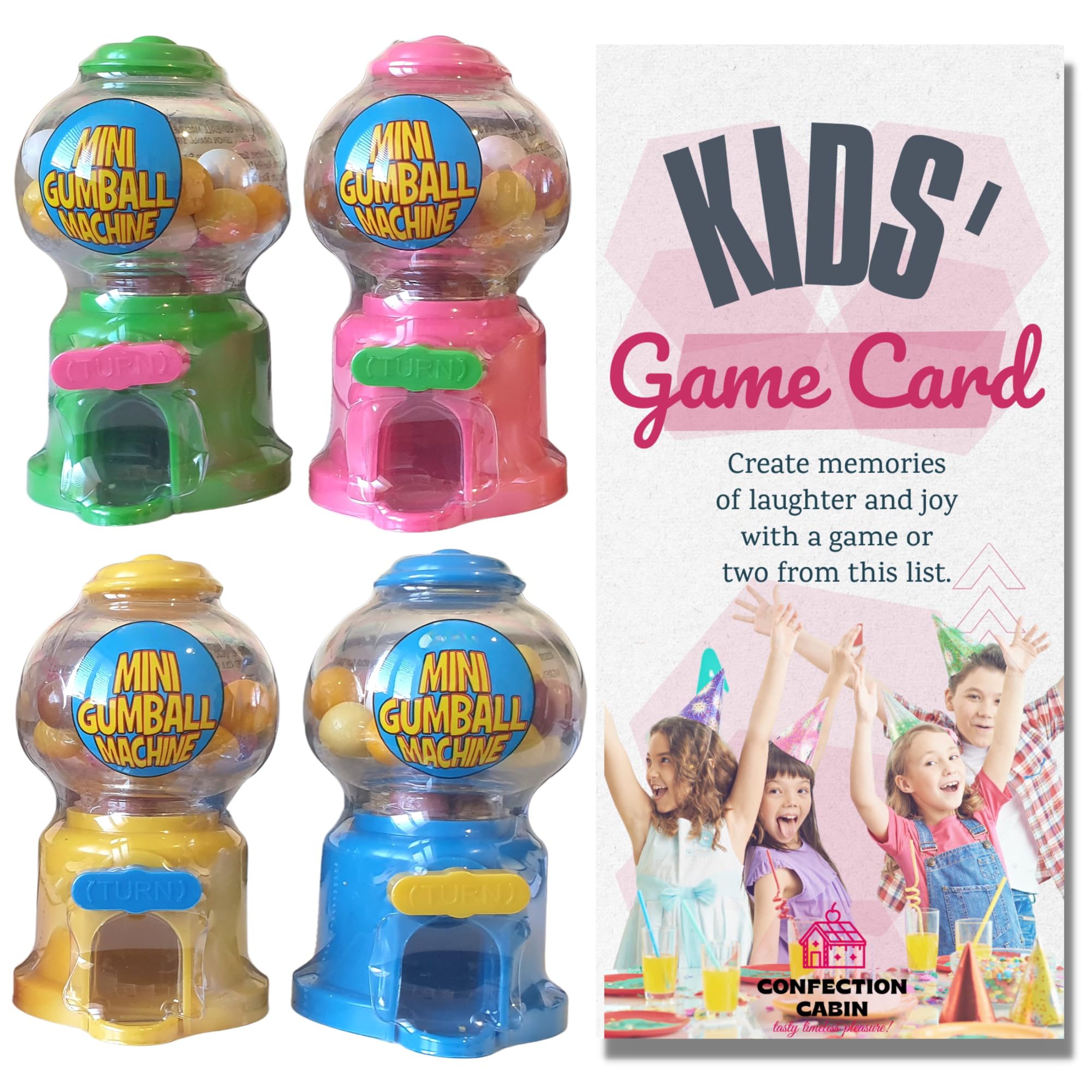 Mini Gumball Machines with Gumballs (Pack of 4) and Game Card - Colourful Bubble Gum Machine Pre-filled with Gum Balls | Easter Gifts for Kids and Easter Sweets and Treats