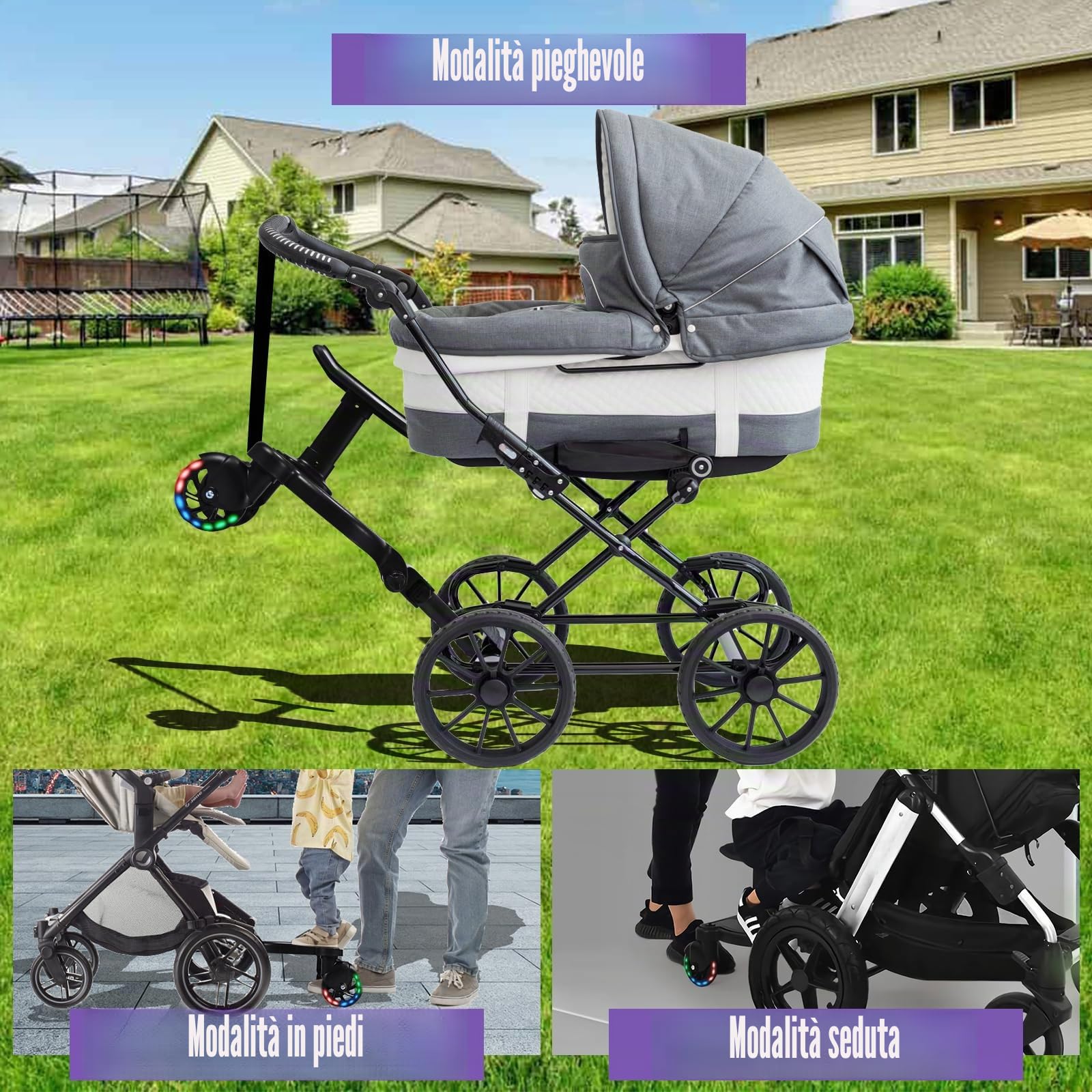 Passeggino universale a piedi con sedile, ruote per bambini con borsa passeggino, per bambini dai 2 ai 6 anni (25 kg)