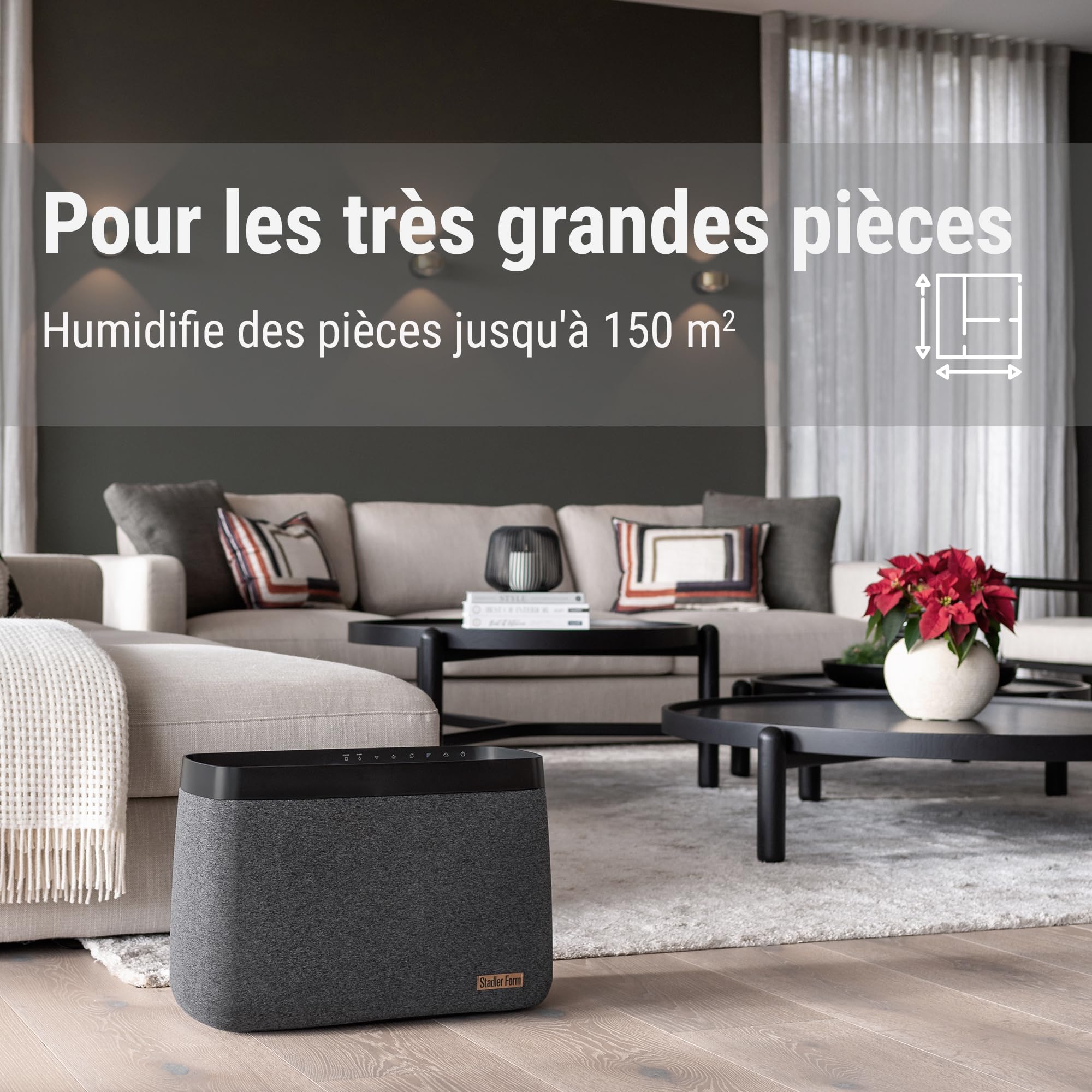 Karl big humidificateur d’air de Stadler Form évaporateur puissant permettant d’humidifier des pièces atteignant 150m2, réservoir d’eau de 10 litres, configurable par appli, noir