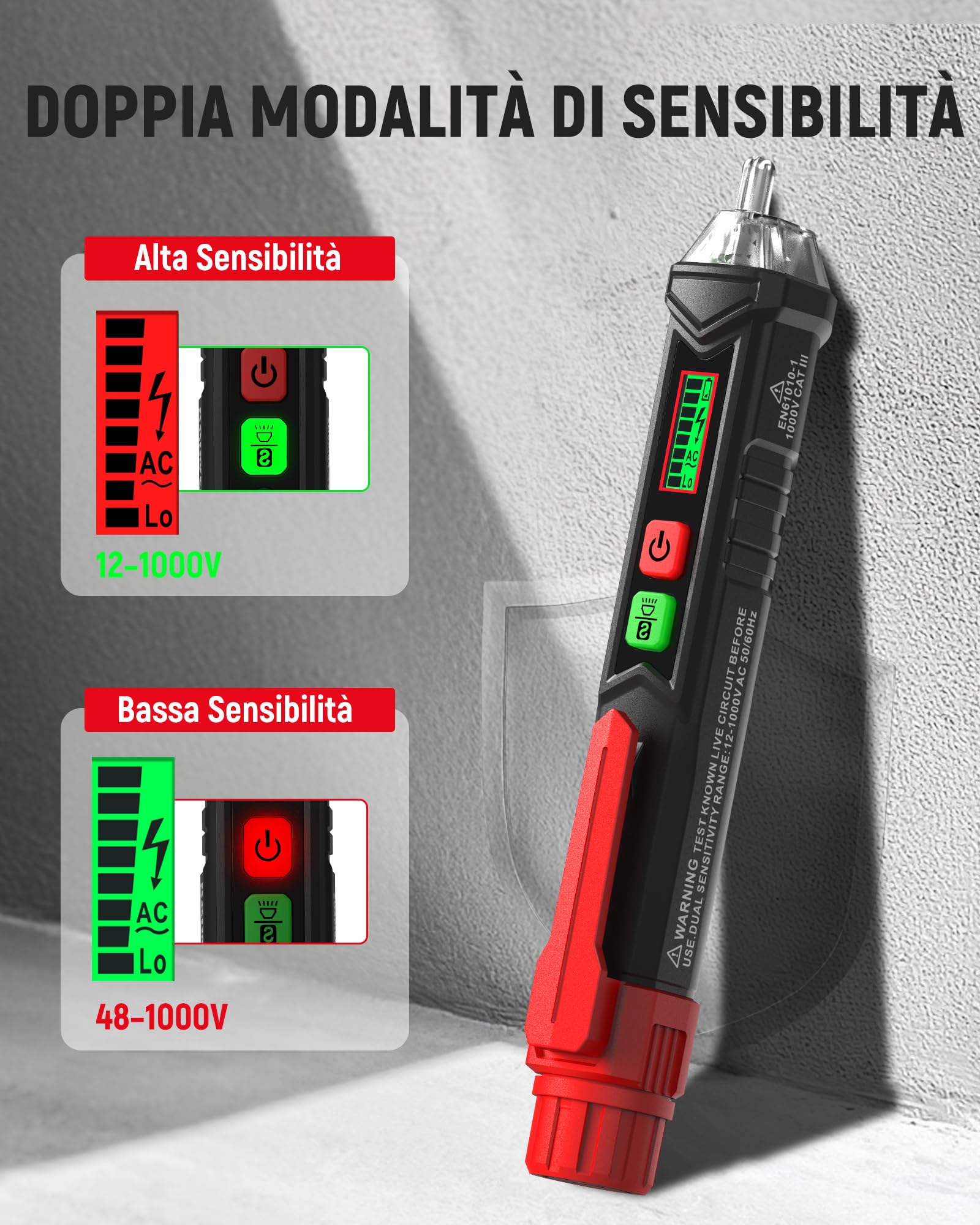 Tester di Tensione Senza Contatto, KAIWEETS Cercafase, Rilevatore di Tensione a Doppia Sensibilità 12V/48V-1000V, Display LCD, Test Filo Fase/Neutro, Torcia, Allarme Acustico
