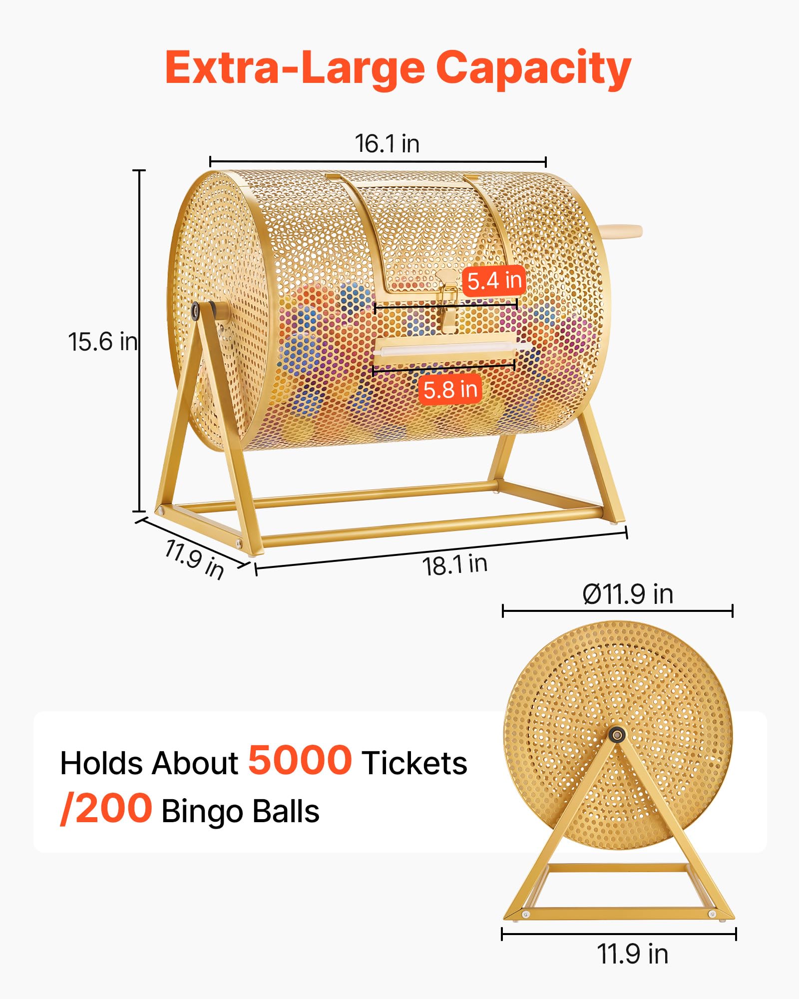 VEVOR Tamburo per Lotteria 410 x 302 mm, Ruota Girevole per Biglietti della Lotteria con Maniglia Rinforzata, Supporto Triangolare Stabile, capacità 5000 Biglietti o 200 Palline, per Eventi e Raduni