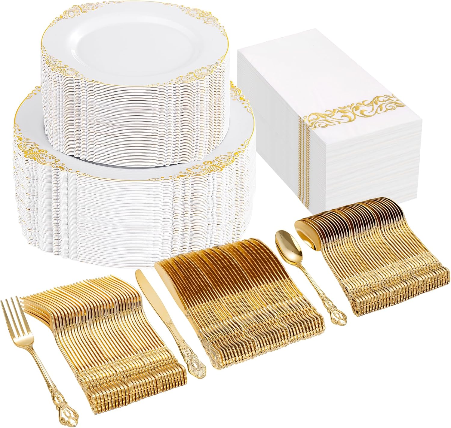 Ciaell 300PCS White and Gold Plastic Plates - Gold Disposable Dinnerware Sets for 50 Guests - 100 Plates, 50 Knives, 50 Forks, 50 Spoons, and 50 Napkins for Wedding, Anniversary, Party