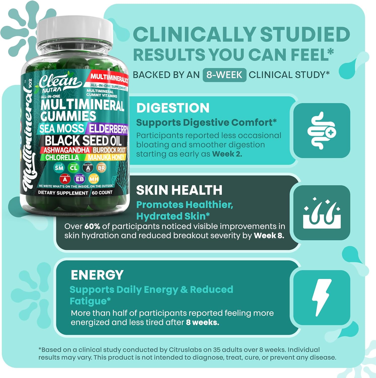 Sea Moss Gummies | Clinically Tested - Black Seed Oil Ashwagandha Elderberry Burdock Root Chlorella Manuka Honey - Vegan Irish Sea Moss Gummy Vitamins for Adults Kids Men Women - Green Apple Flavor - Image 5