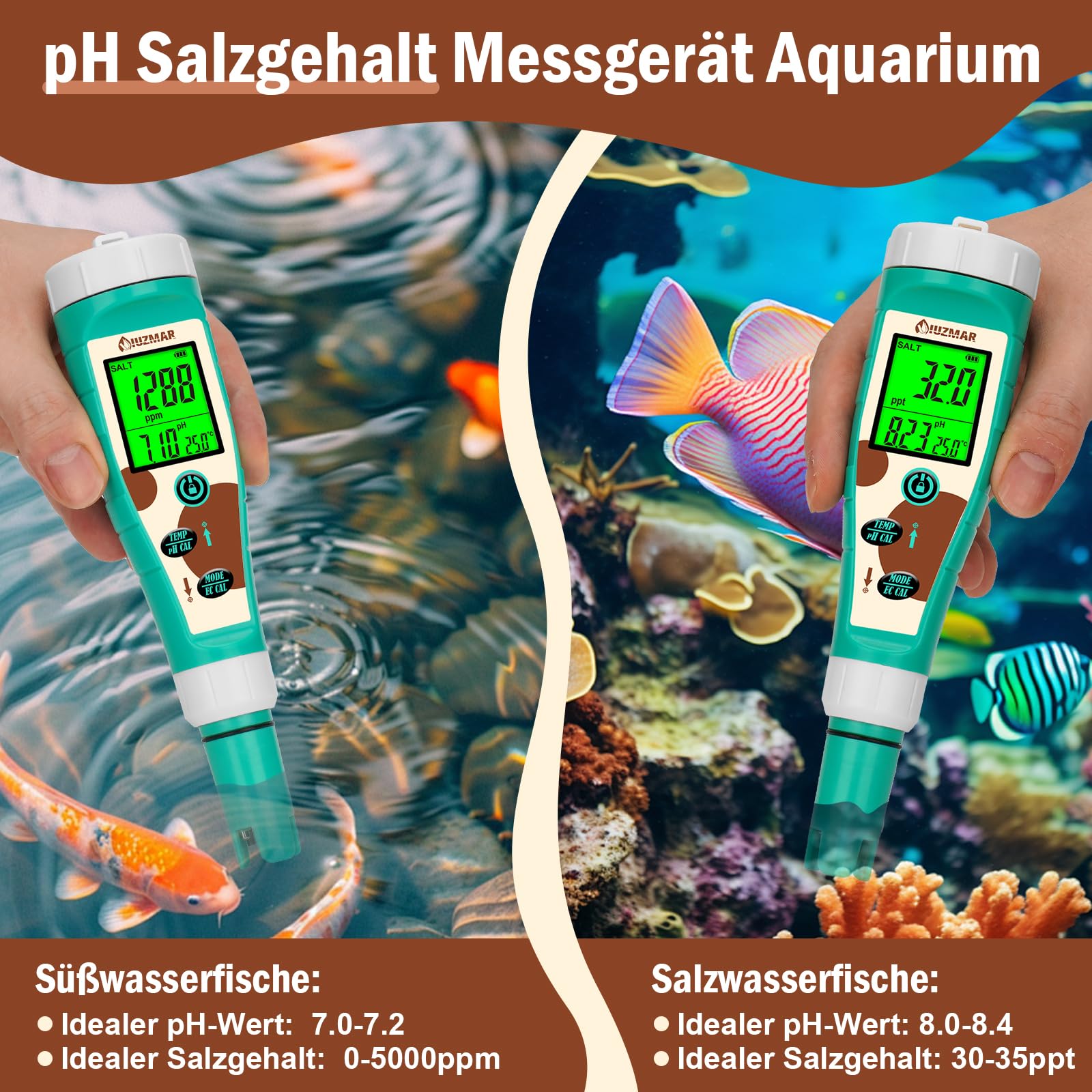 UIUZMAR Pool pH Chlor Salzgehalt Messgerät, Wasserstoff PPM ORP Messgerät für Trinkwasser, 8-in-1 Wassertester mit gleichzeitiger Anzeige von pH Salz Chlor H2 ORP EC TDS Temp für Hydrokultur, Spas