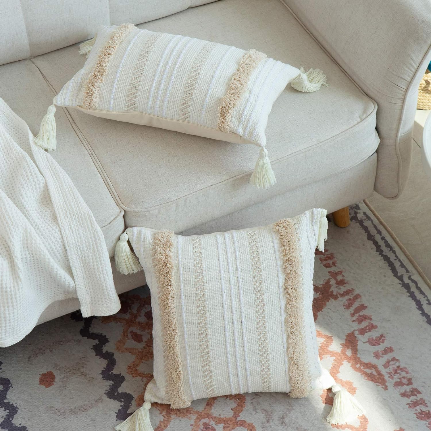 Set di 2 federe per cuscino in macramè, con nappa, 30 x 50 cm, in cotone e lino, decorative, per divano, soggiorno, giardino, stile boho
