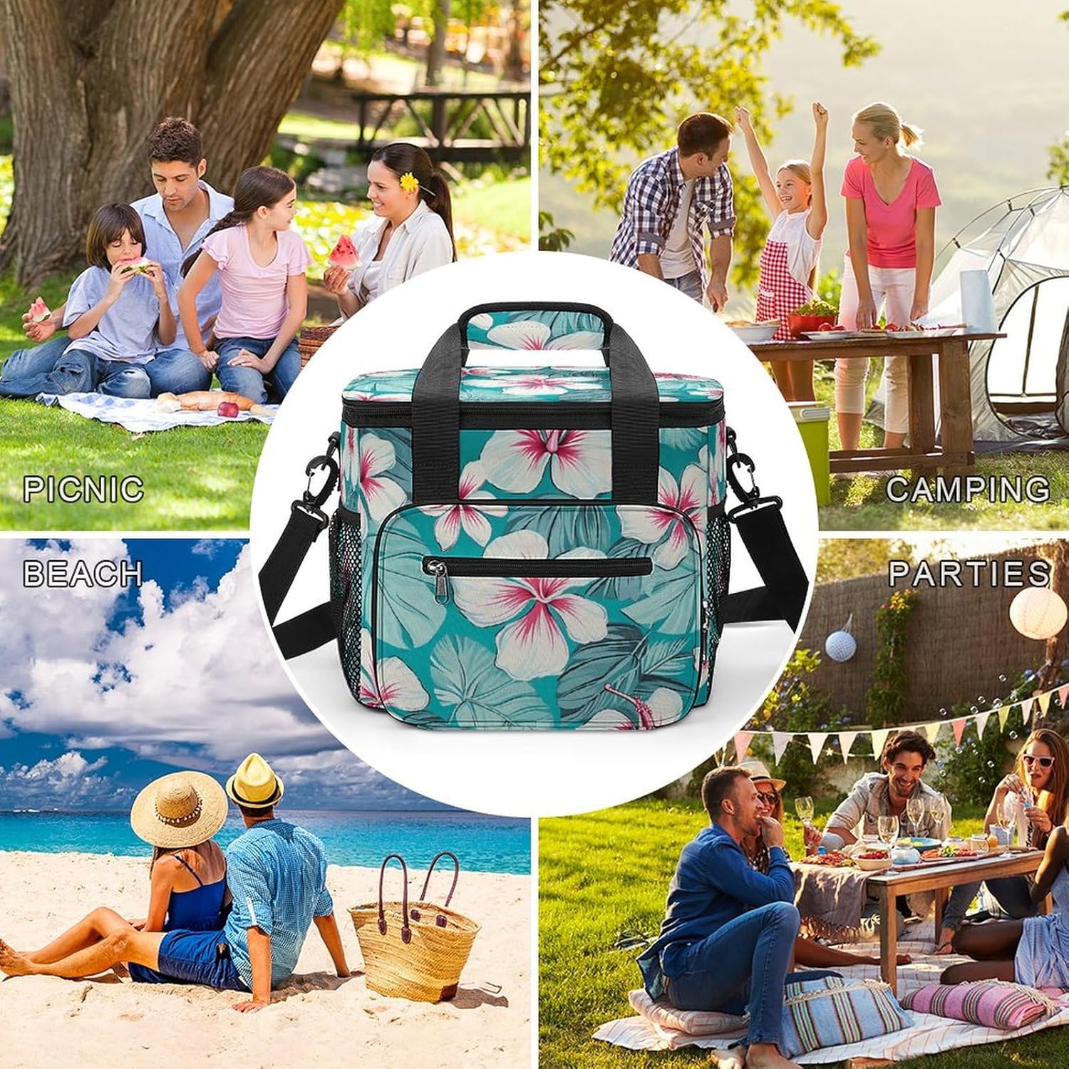 Camping Ice Pack, Tropical Hibiscus Flowers Print Cooler Bag, 22.5L Large Capacity Insulated Lunch Tote Bag for Outdoor, Picnic, BBQ, Travel, Work
