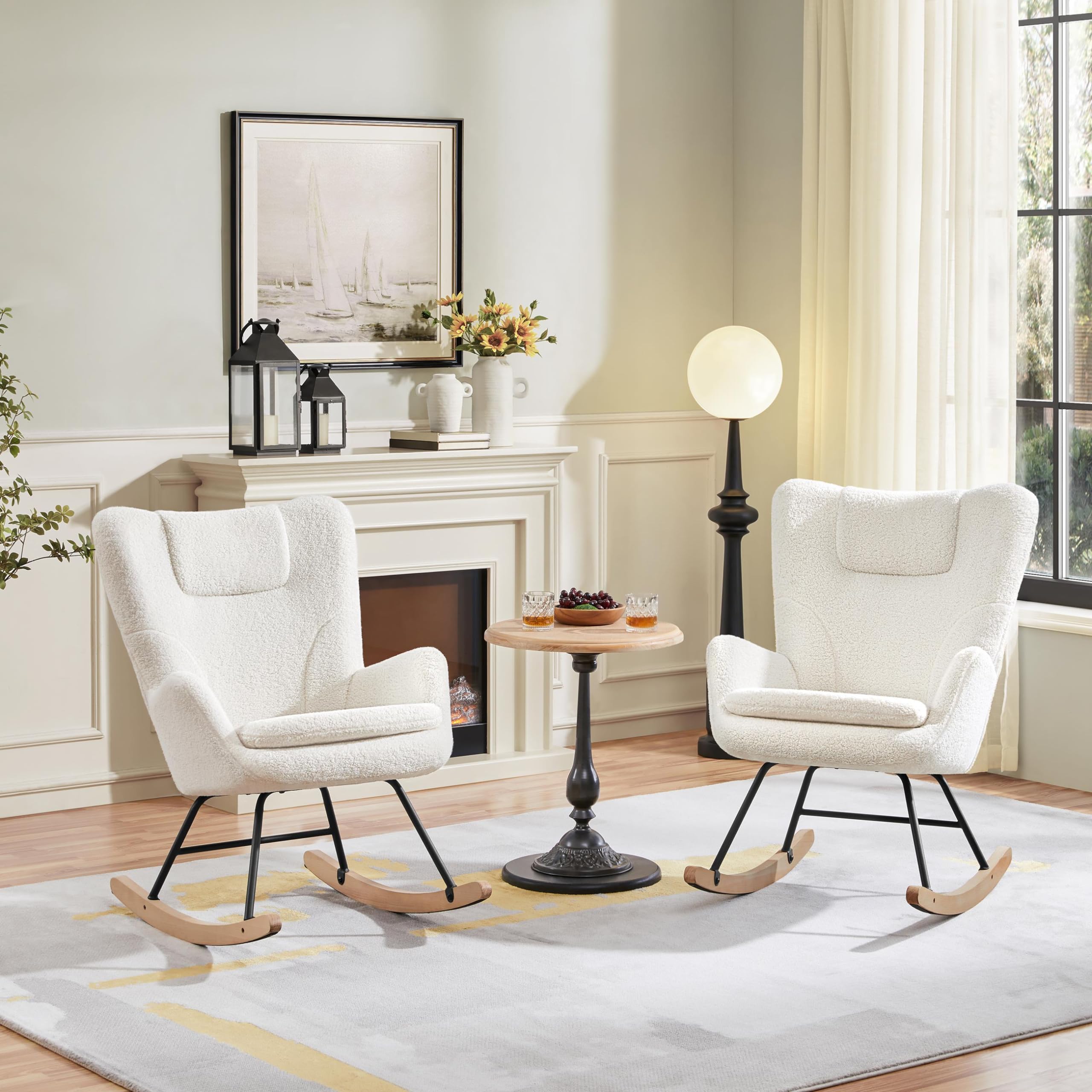 Yaheetech Sedia a Dondolo Relax Poltroncina Imbottita Poltrona Casa Rivestimento in Tessuto 70 × 82,5 × 95,5 cm Base Dondonlante Legno per Soggiorno/Camera da Letto 70 × 82,5 × 95,5 cm Bianco