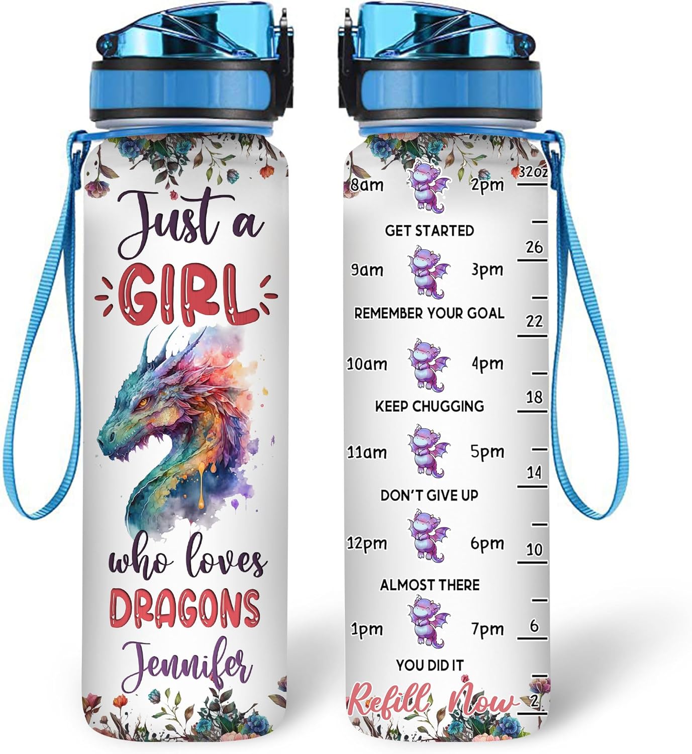 Hyturtle Personalized Dragon Lovers 32 Oz 1Liter Motivational Water Bottle With Time Marker, Just A Girl Who Loves Dragons, Animal Lovers Gifts For Women, Girl On Birthday, Christmas