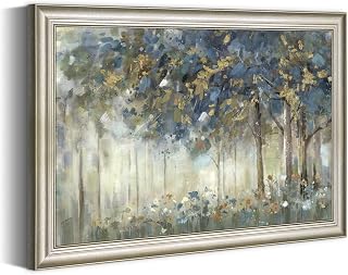 Landscape Framed Canvas Wall Art: Abstract Forest Painting Modern Tree Picture Hand-Painted Contemporary Quiet Country Woods Scenery Prints Neoclassicism Artwork for Bedroom Living Room Home Office