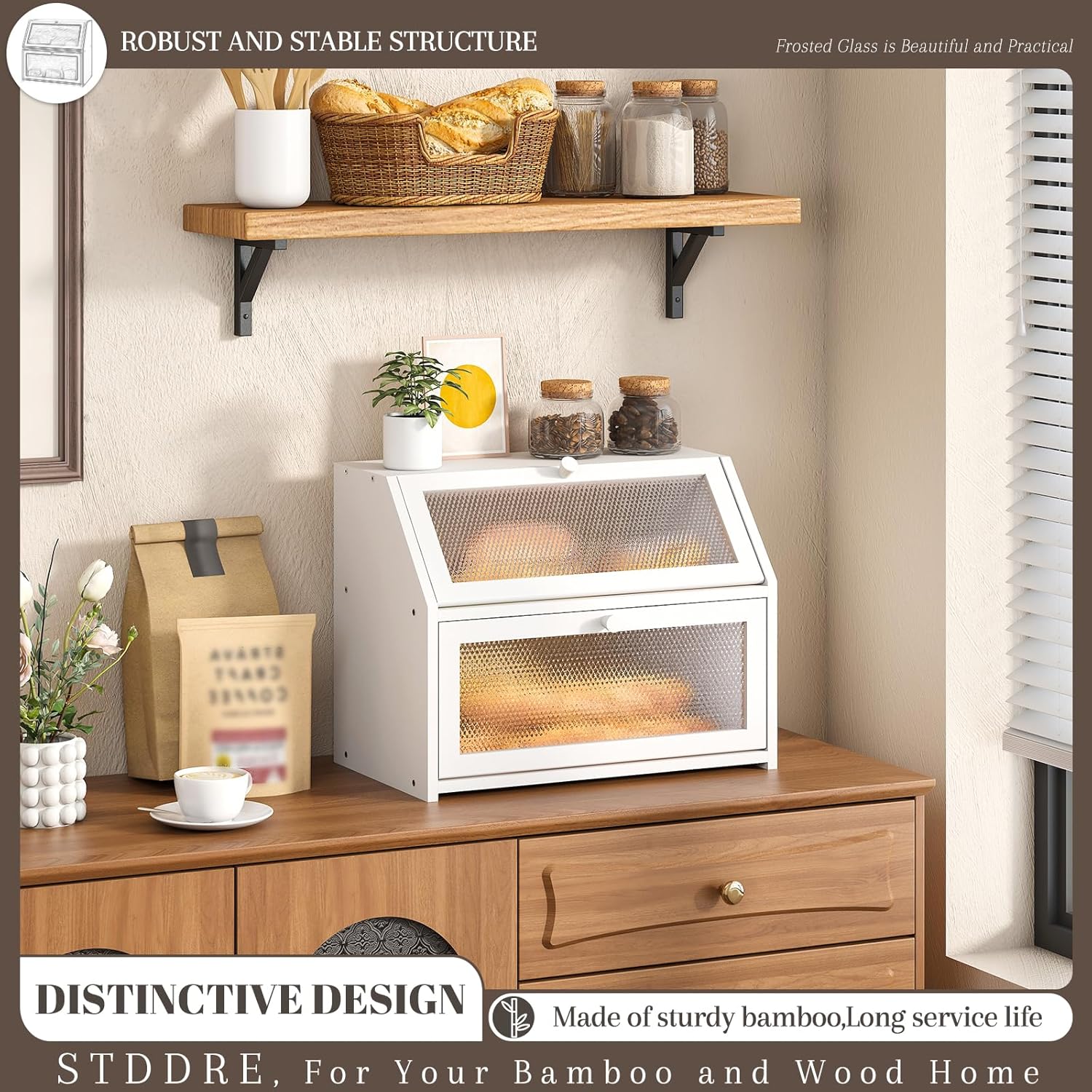 Bread Box for Kitchen Countertop Bin Double Layer Bread Box Storage Container Extra Large Capacity Farmhouse with Diamond Pattern Windows (White, Large)